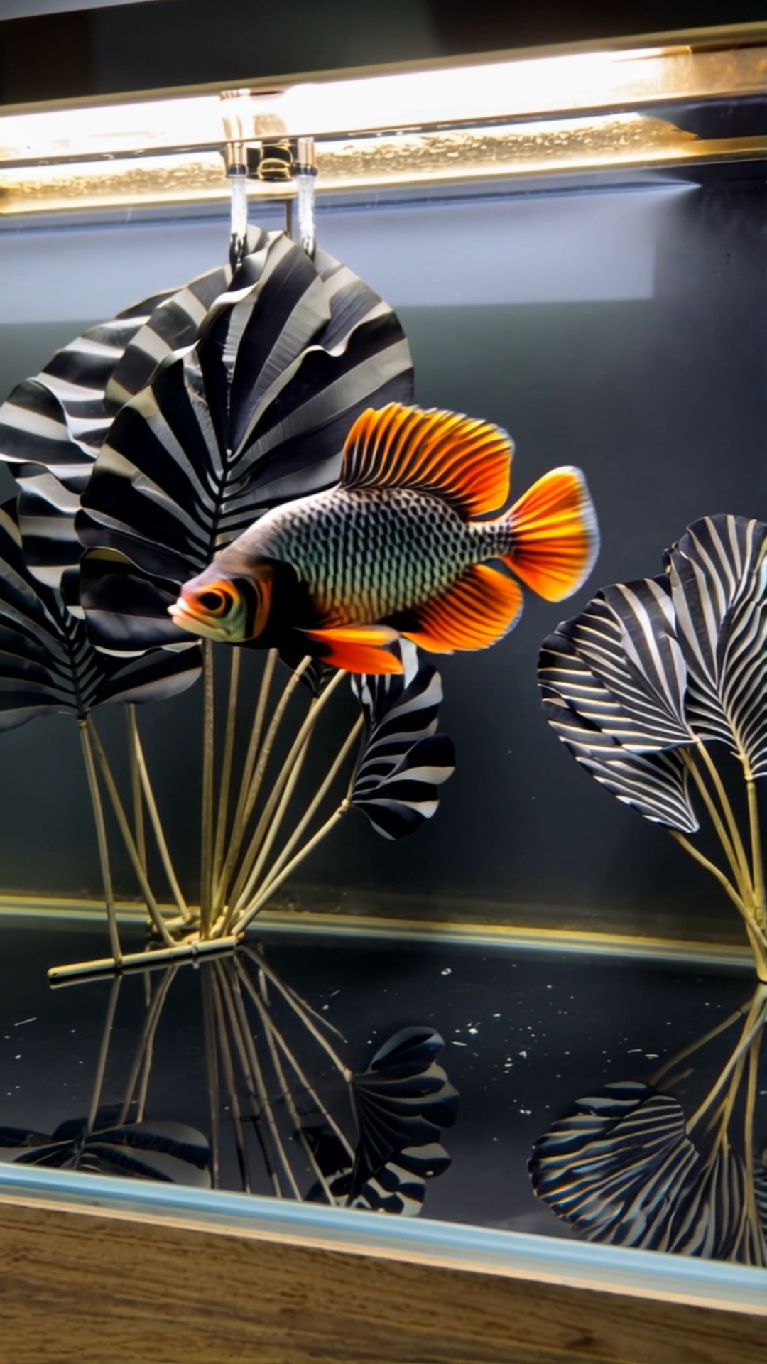 Betta fish in a monochrome aquarium with warm golden lighting highlighting its bright orange fins