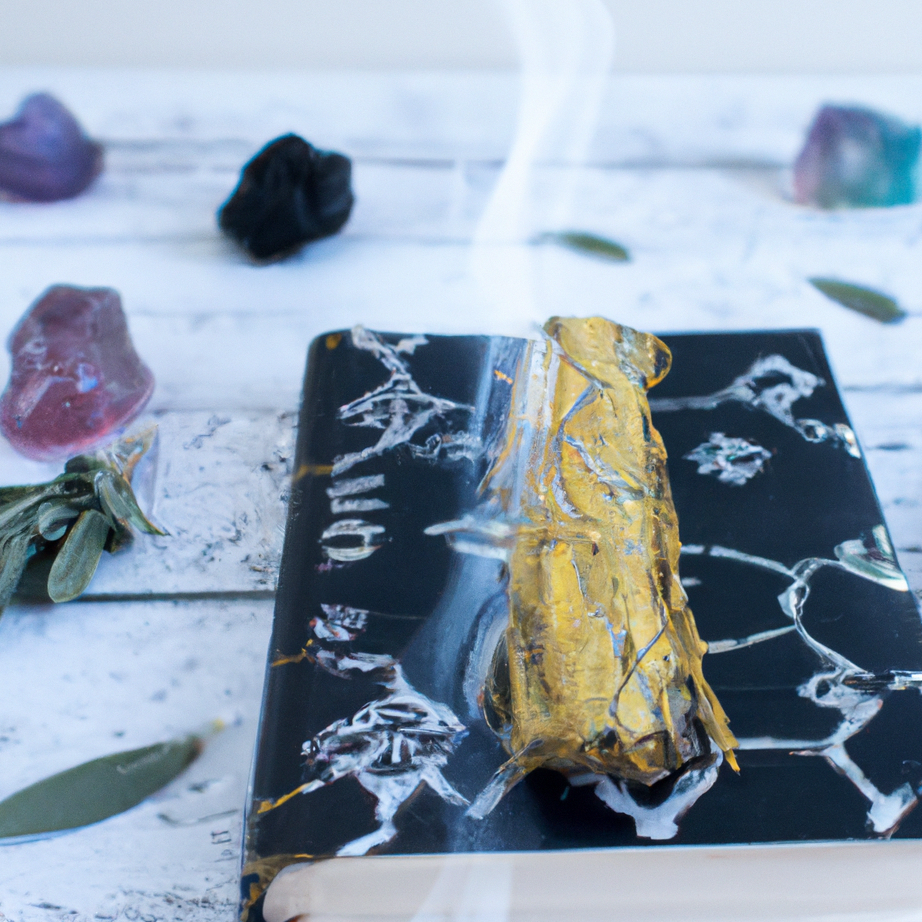 Flatlay of crystals and a journal with a burning stick of palo santo