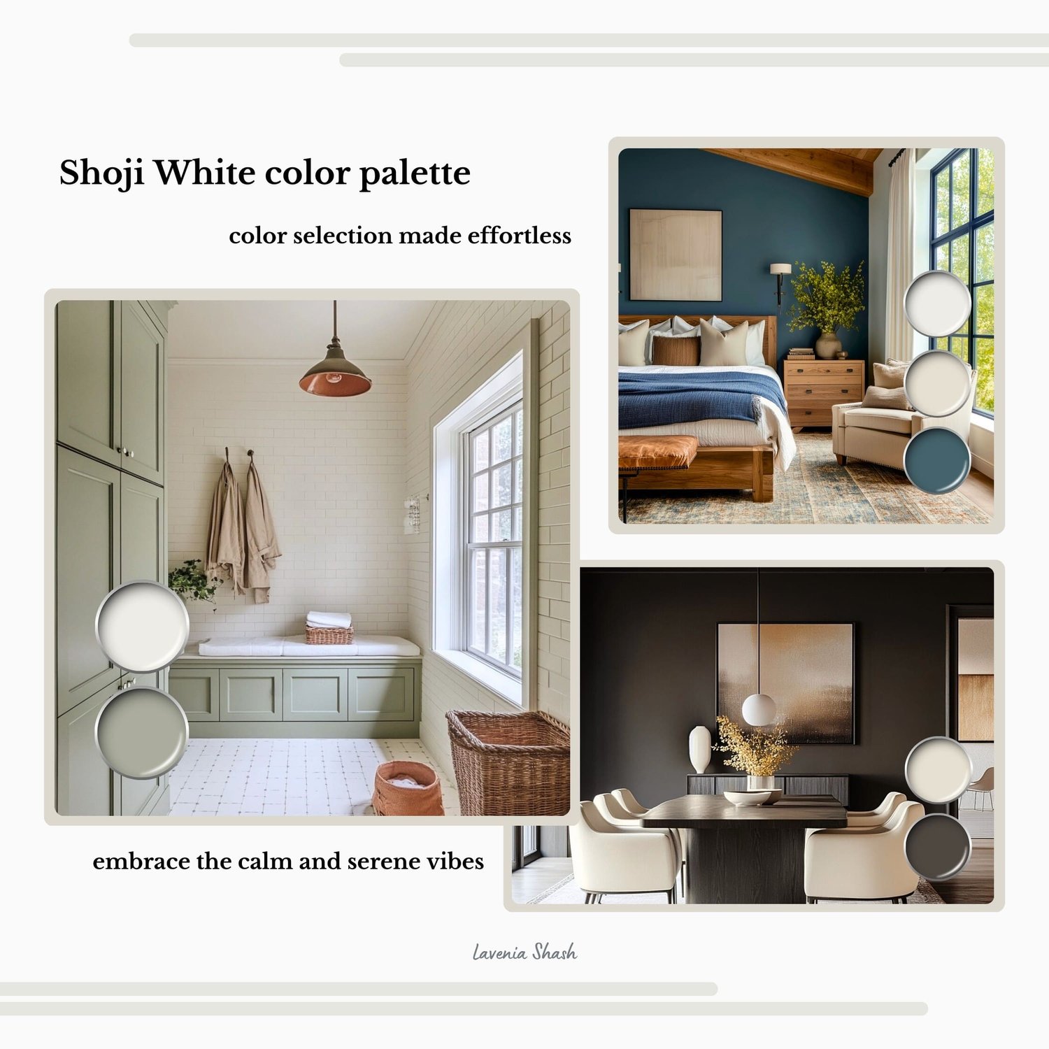 Sherwin Williams Shoji White paint palette. Whole house color scheme with neutrals and coordinating colors. Paint colors for home with white, beige, greige, green, blue, and brown. Interior design color scheme created by Lavenia Shash.