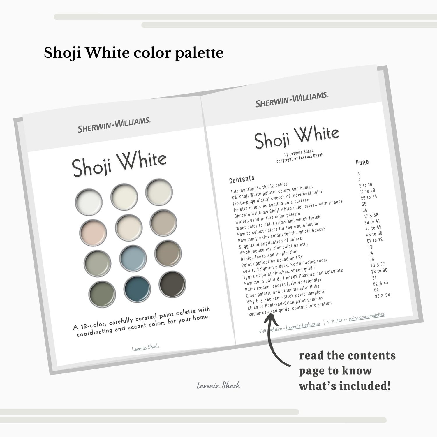 Sherwin Williams Shoji White paint palette. Whole house color scheme with neutrals and coordinating colors. Paint colors for home with white, beige, greige, green, blue, and brown. Interior design color scheme created by Lavenia Shash.