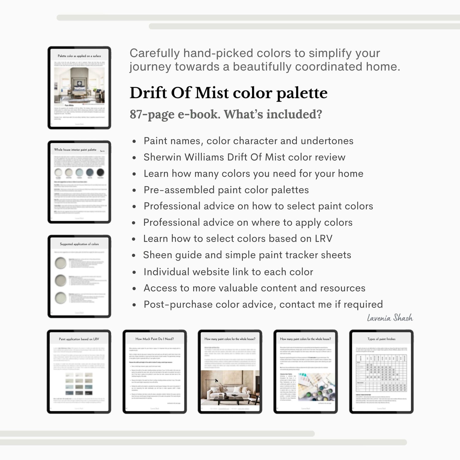 Sherwin Williams Drift Of Mist paint palette. Whole house color scheme with neutrals and coordinating colors. Paint colors for home with white, greige, green, blue, and black. Interior design color scheme created by Lavenia Shash.