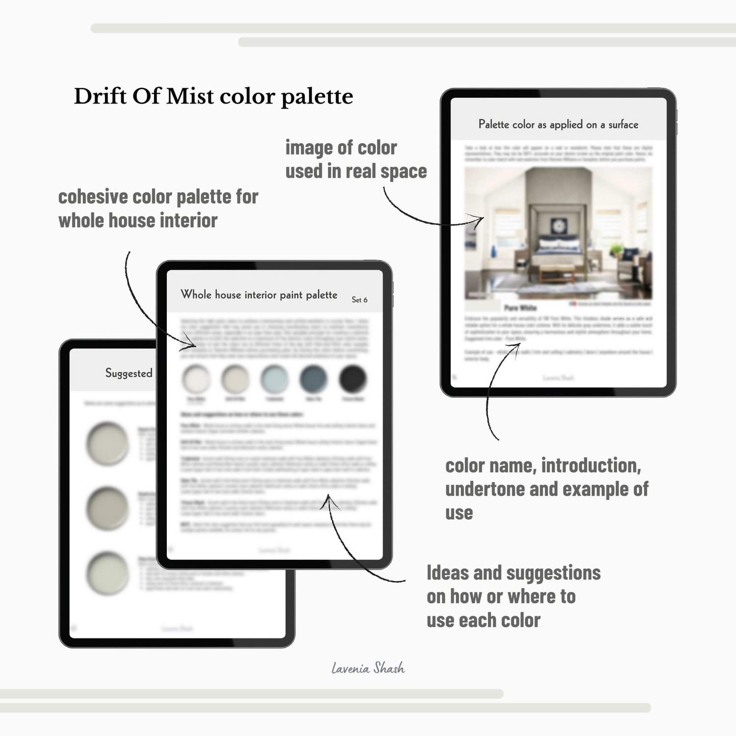 Sherwin Williams Drift Of Mist paint palette. Whole house color scheme with neutrals and coordinating colors. Paint colors for home with white, greige, green, blue, and black. Interior design color scheme created by Lavenia Shash.