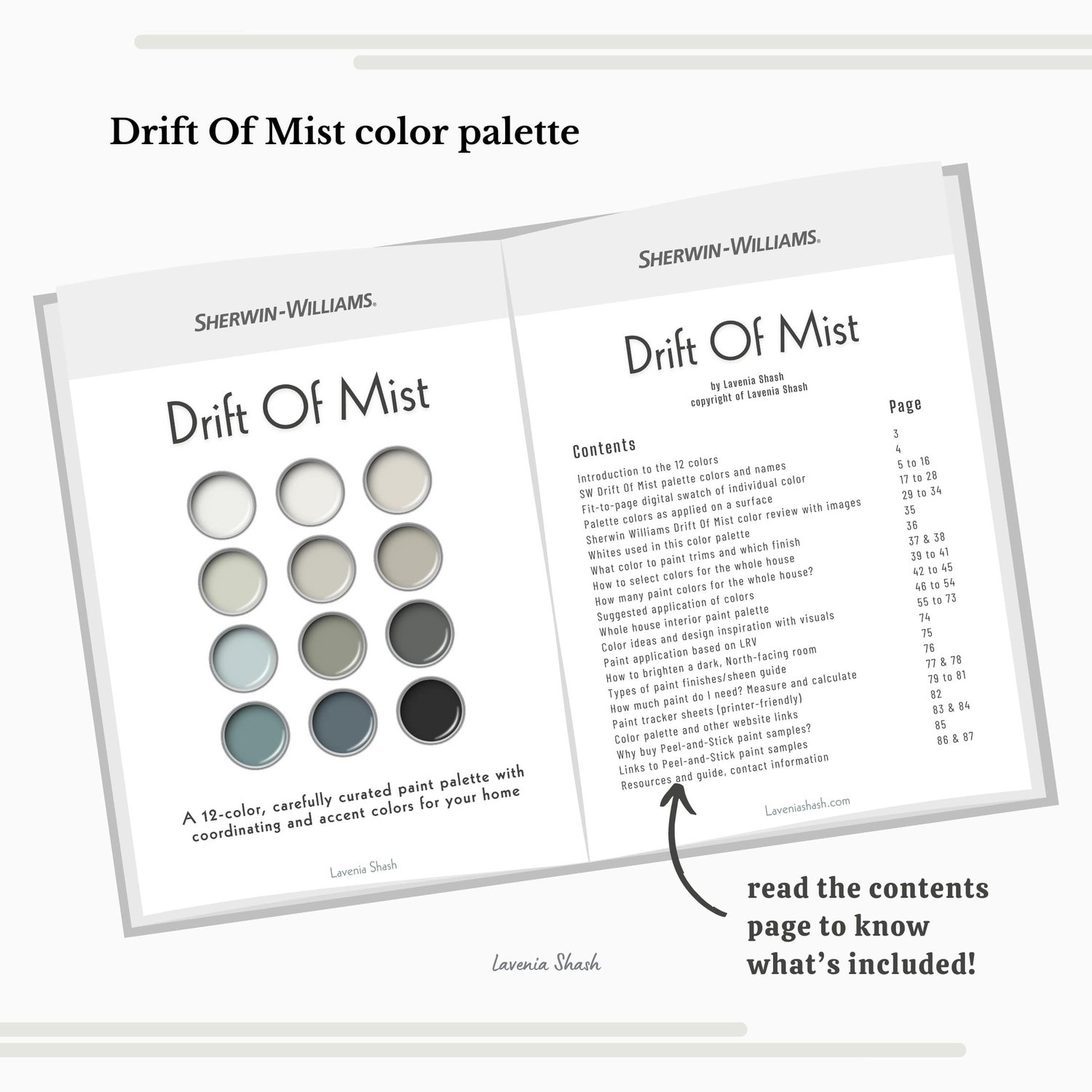 Sherwin Williams Drift Of Mist paint palette. Whole house color scheme with neutrals and coordinating colors. Paint colors for home with white, greige, green, blue, and black. Interior design color scheme created by Lavenia Shash.