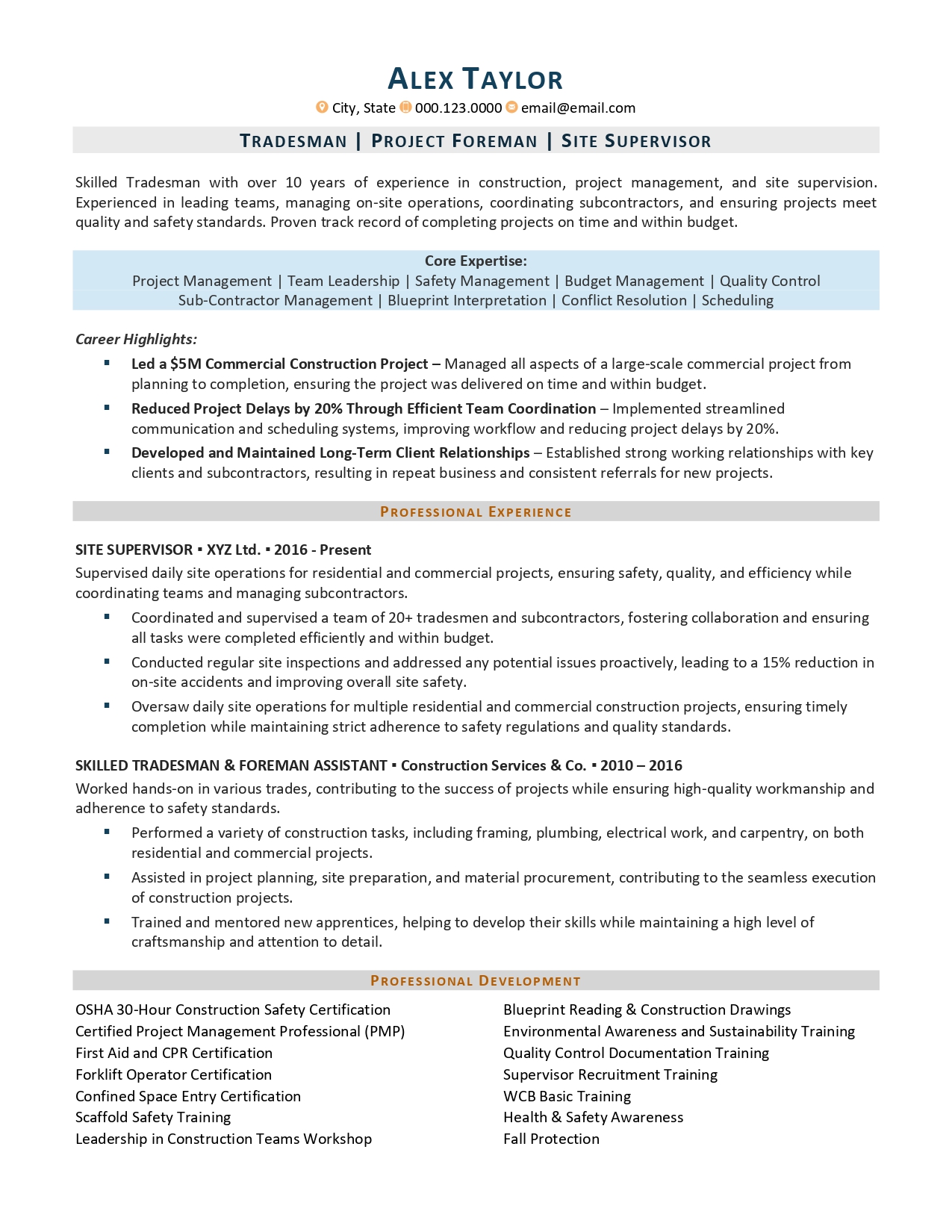 Tradesman, project foreman, & site supervisor resume sample