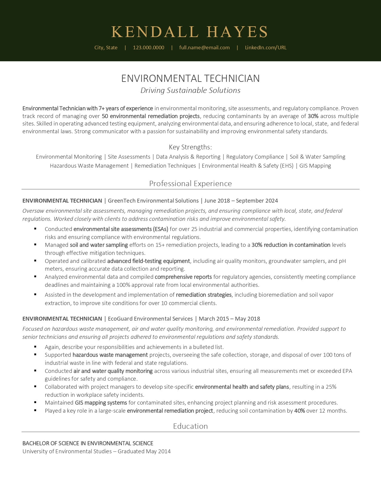 Environmental Technician resume sample