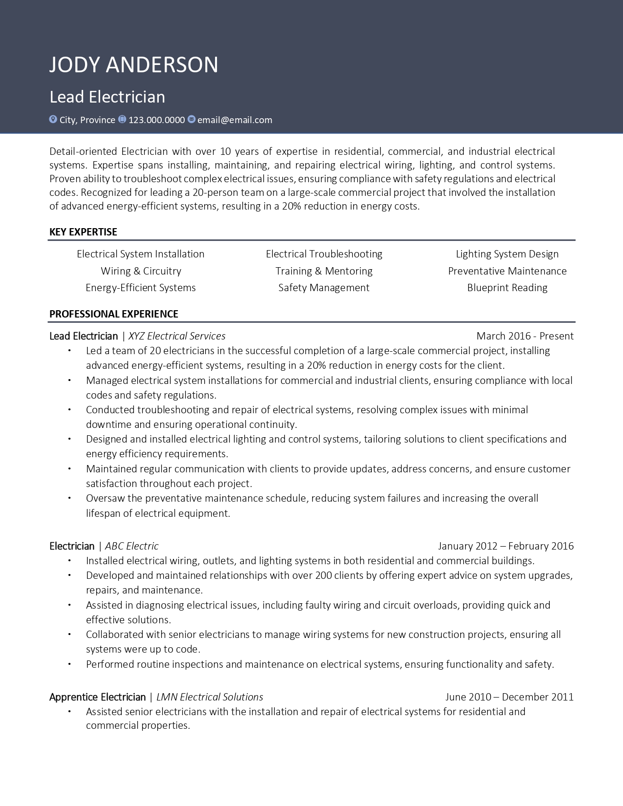Lead electrician resume sample