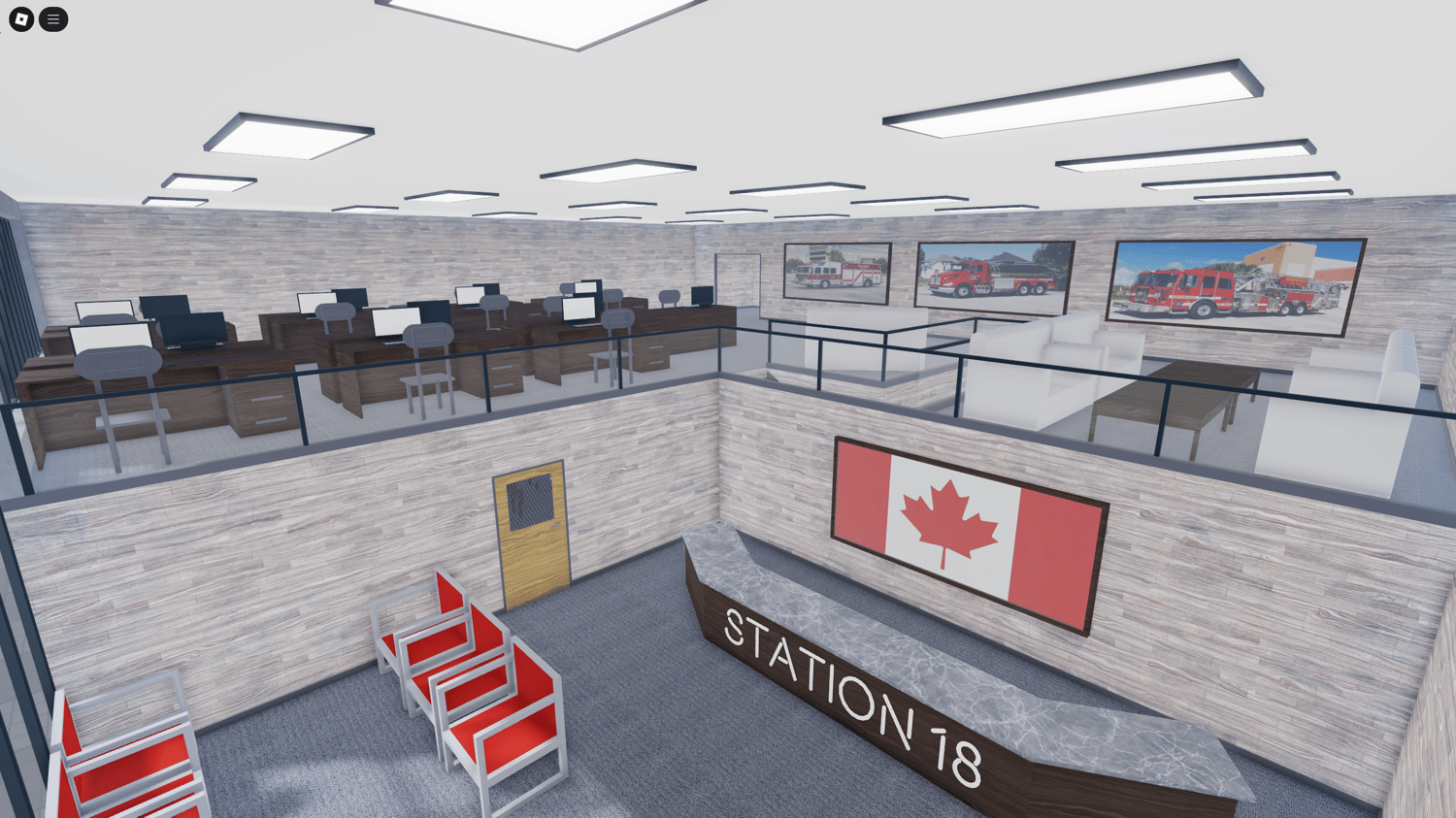 Kitchen and lounge area for firefighters to rest between calls.