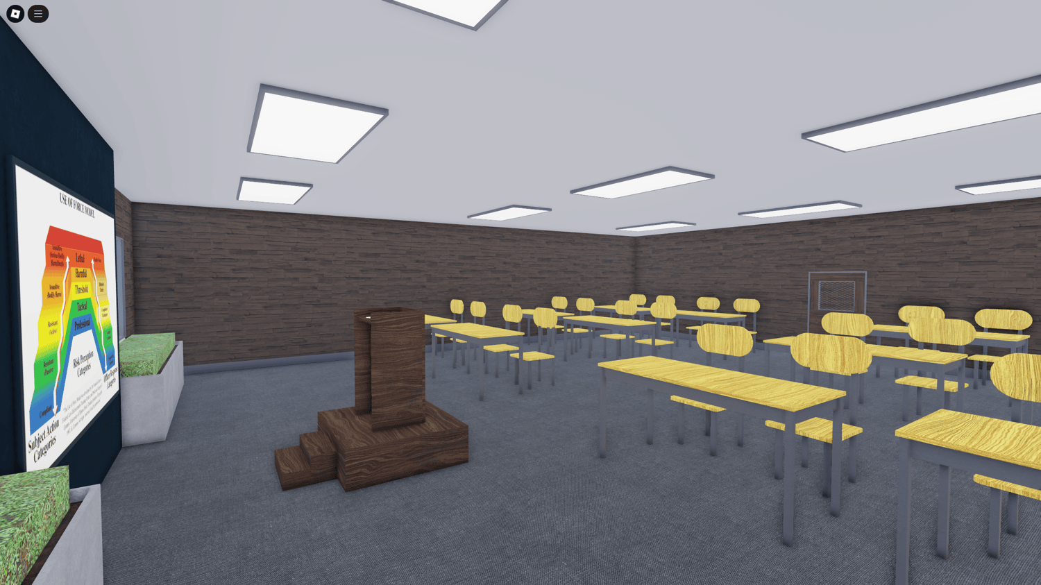 Briefing room with a large table for officer meetings and mission planning.
