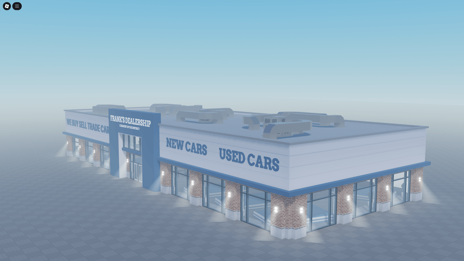 Roblox dealership featuring a spacious layout for cars and customers.