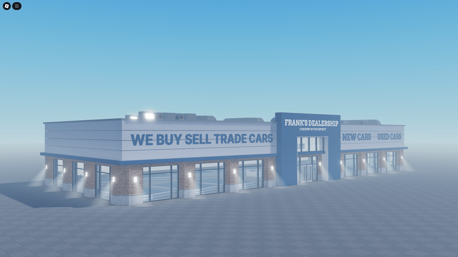 Roblox car dealership interior with 12 vehicle podiums for display.
