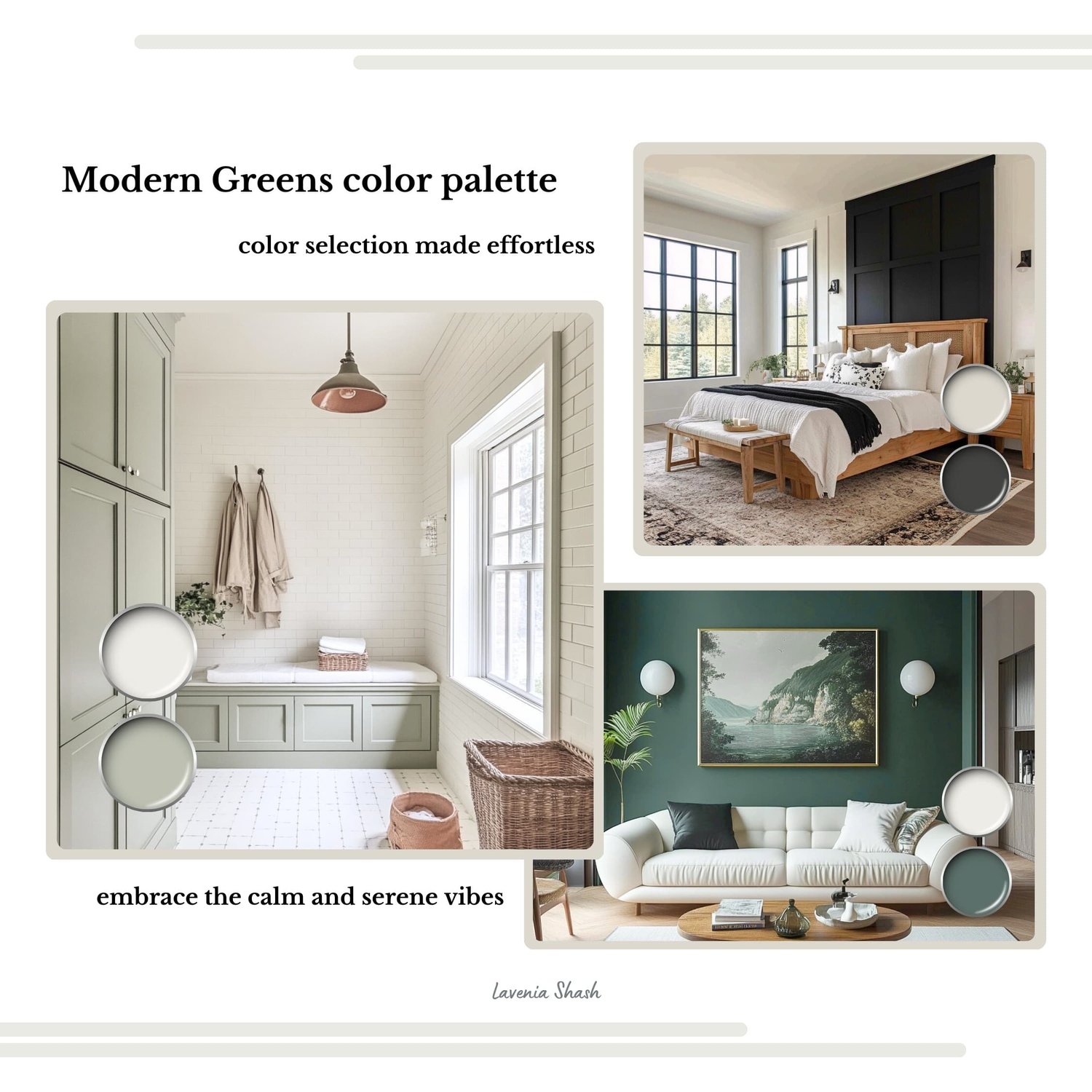 Sherwin Williams green paint palette. Whole house color scheme with neutrals and coordinating colors. Paint colors for home with whites, greiges, greens, gray and black. Interior design color scheme created by Lavenia Shash.