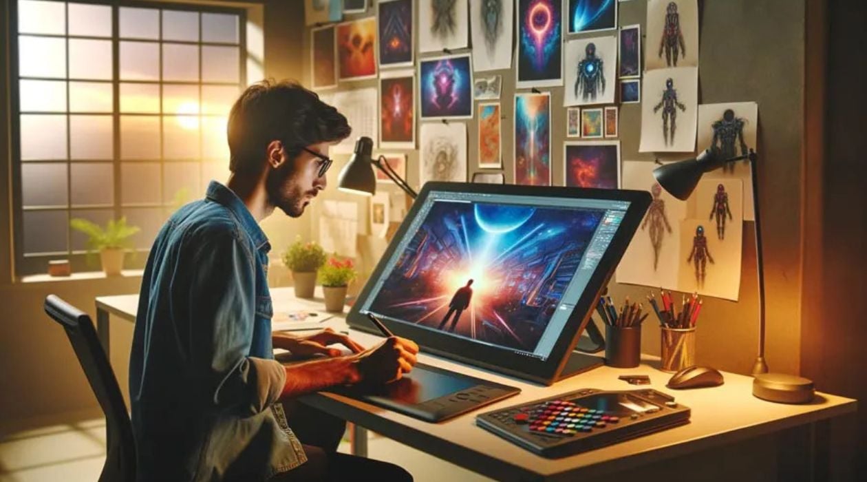 A man is creating digital art using both a computer and tablet on his desk.