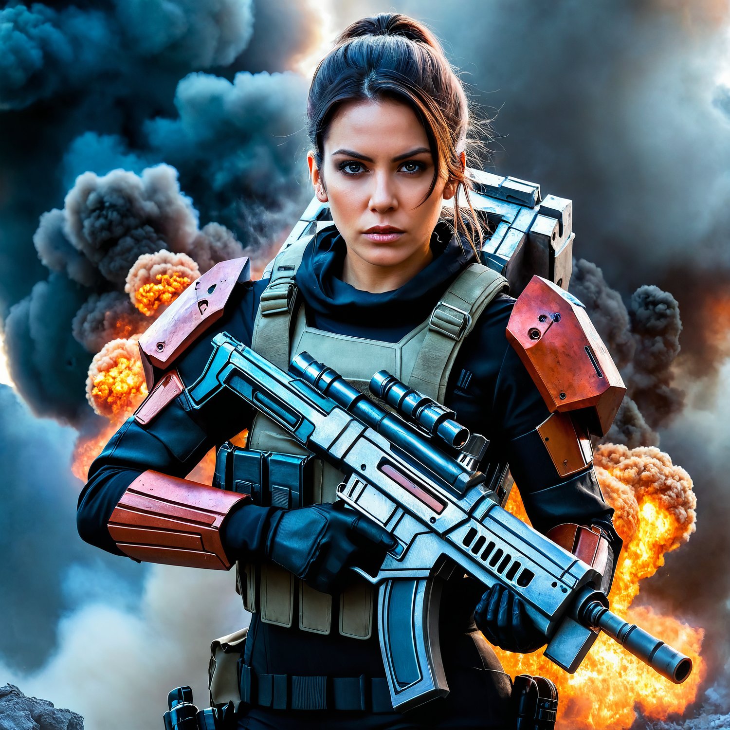 American female soldier in the mist of combat