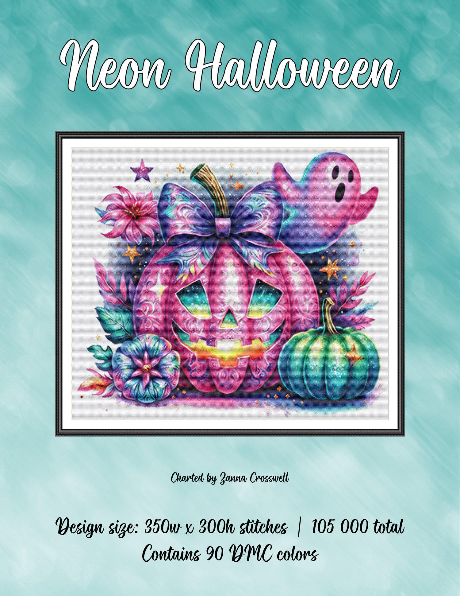 Neon Halloween - Pink Pumpkin Modern Full Coverage Counted Cross Stitch ...