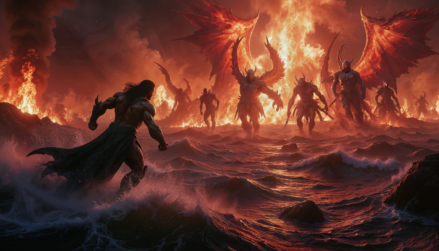 Aquaman fighting off against the forces of hell