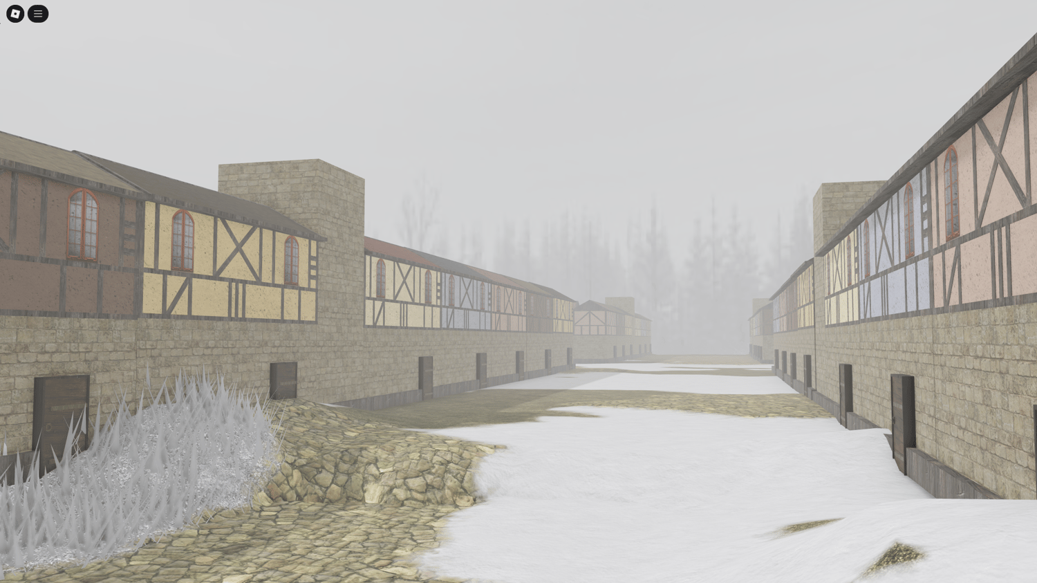 Top-down view of a medieval battleground map covered in snow for Roblox.