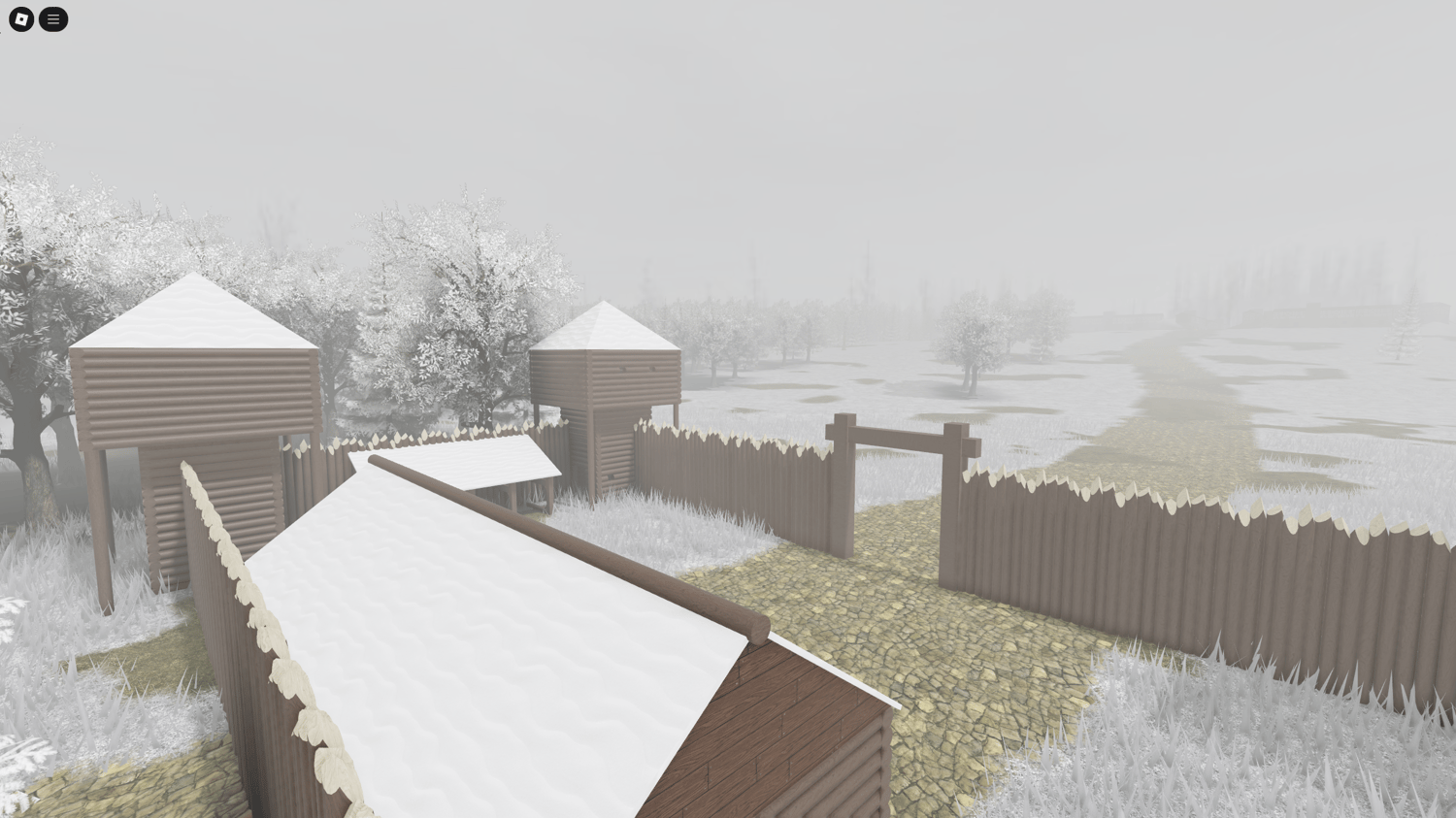 Symmetrical faction base zones in a winter Roblox map.