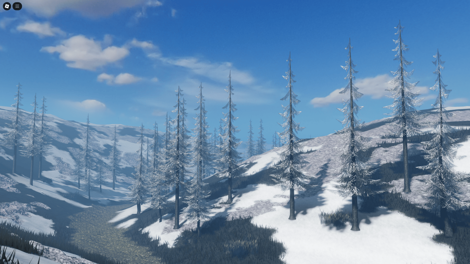 Snowy road stretching across a frozen forest landscape in Roblox