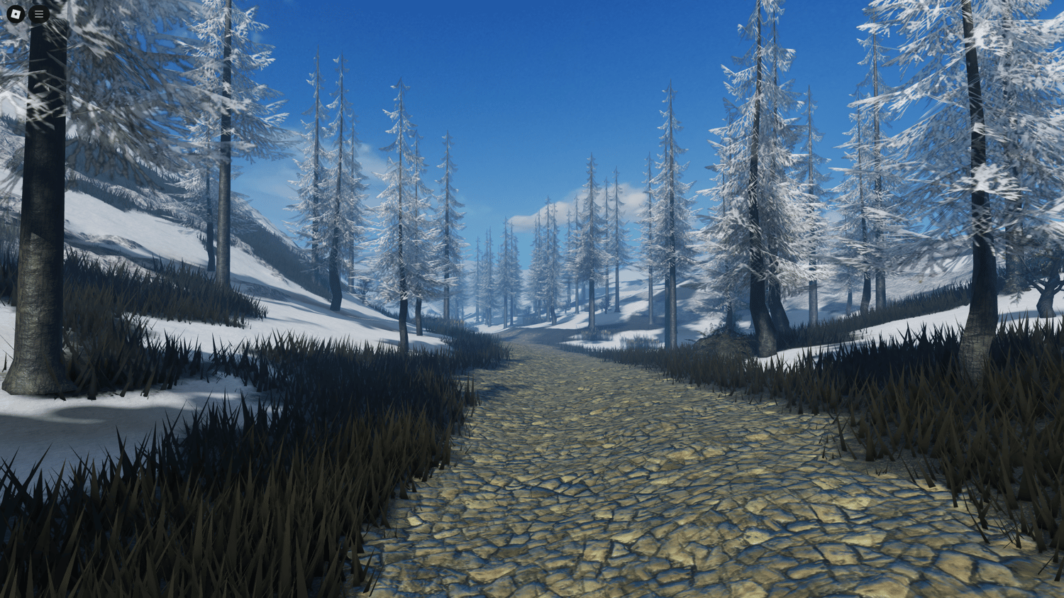 Scenic winter valley with icy paths and elevated hill sections
