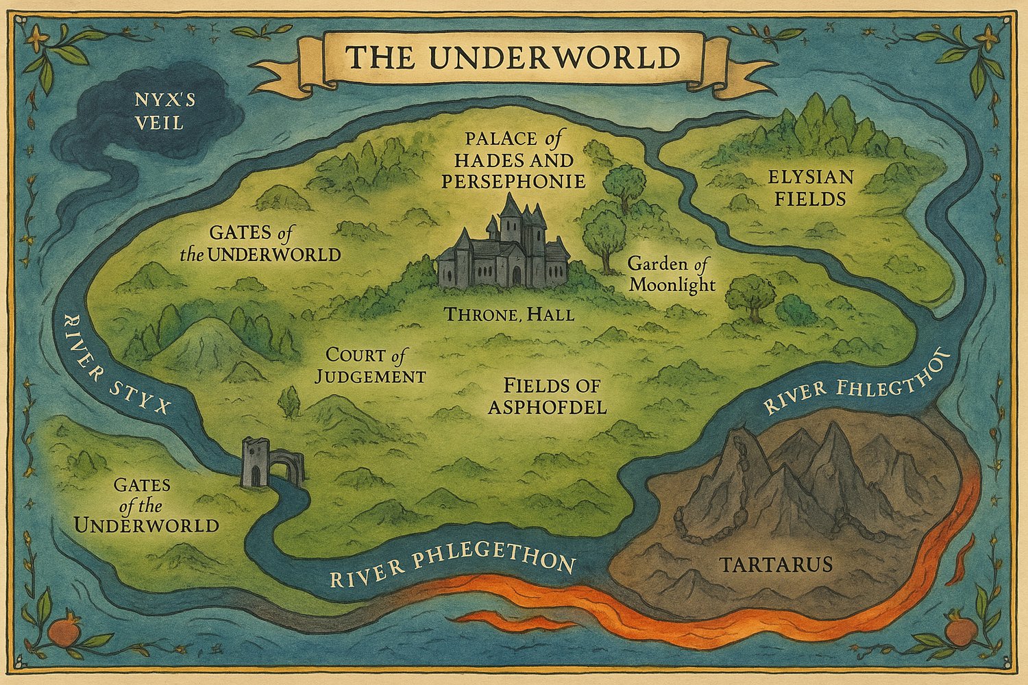map of the underworld from Hades main character from Moonlight and Pomegranate