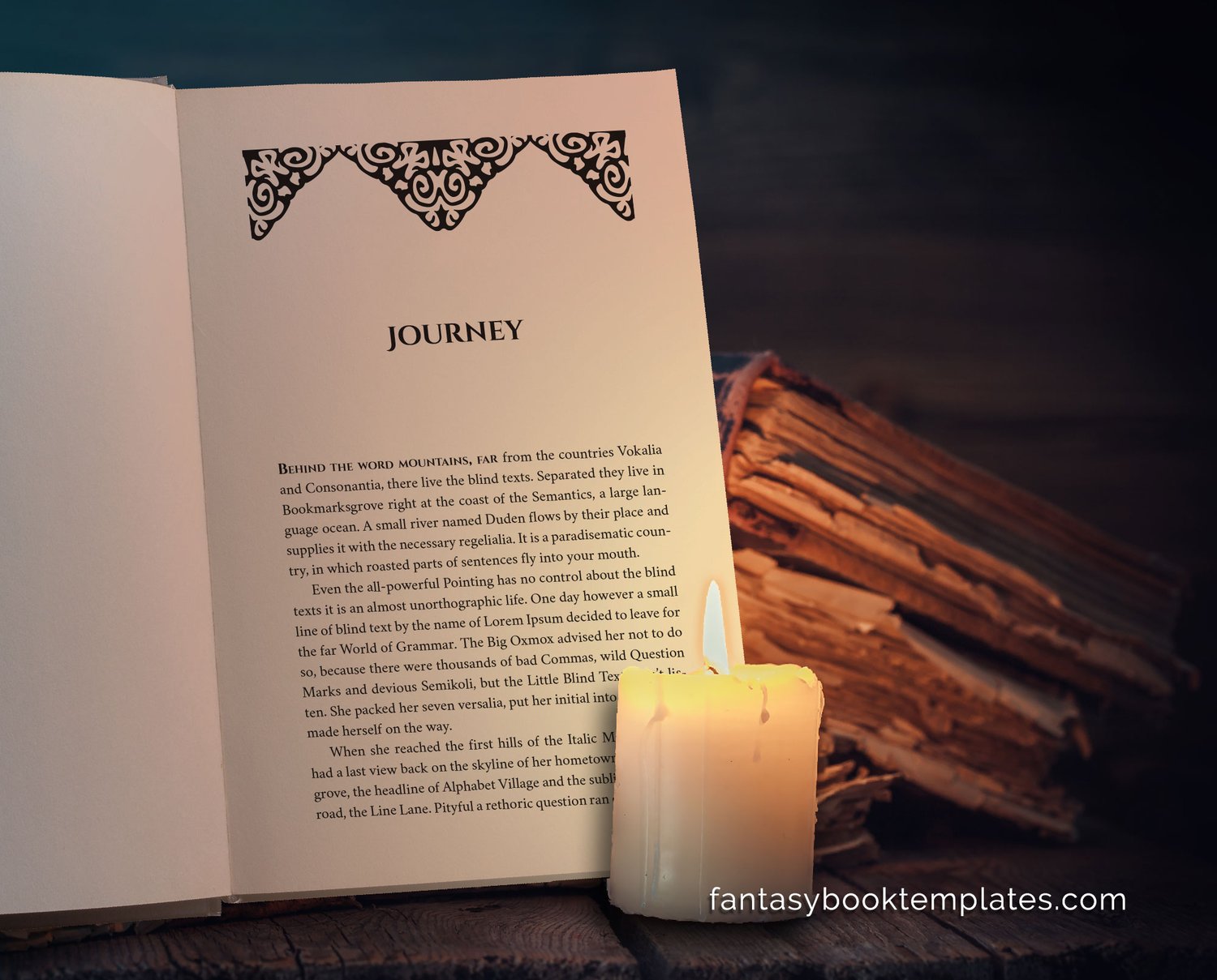 A mockup of a high fantasy book template with a decorative embellishment at the top of the title page.