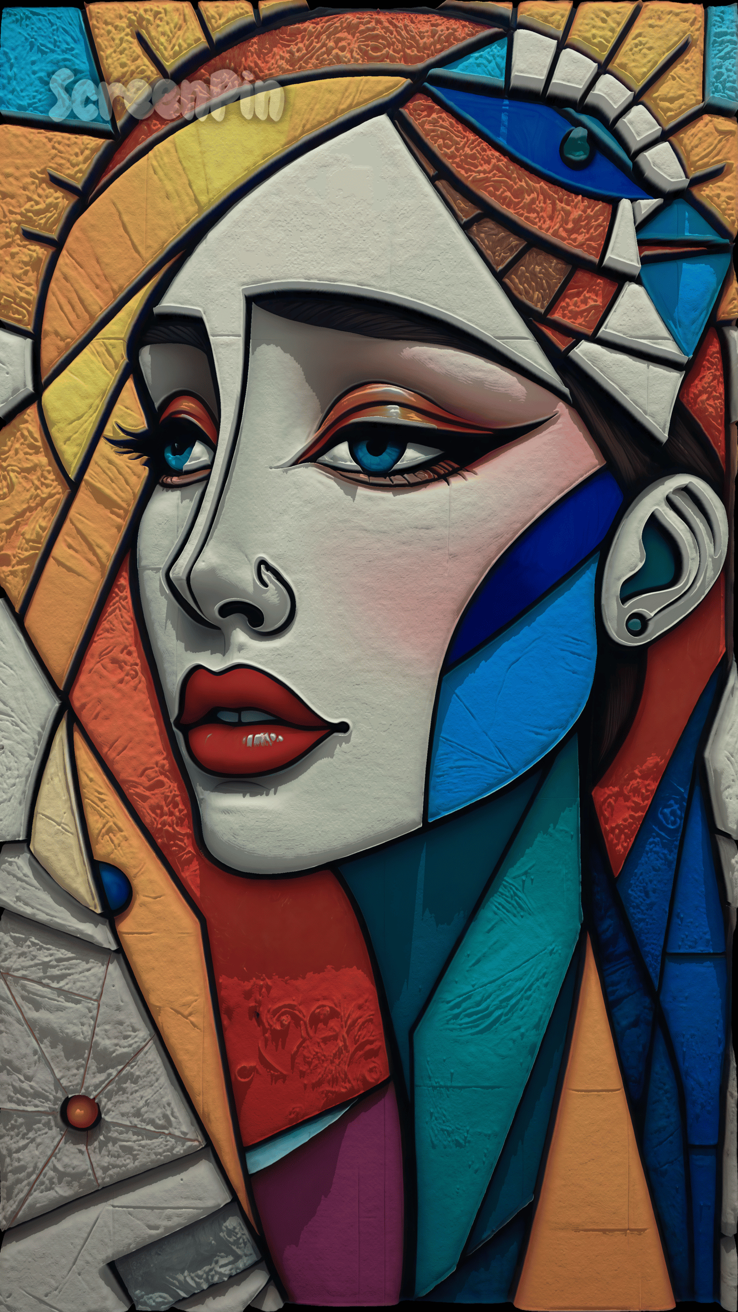 Surreal abstract female portrait with bold geometric shapes and vivid contrasting colors.