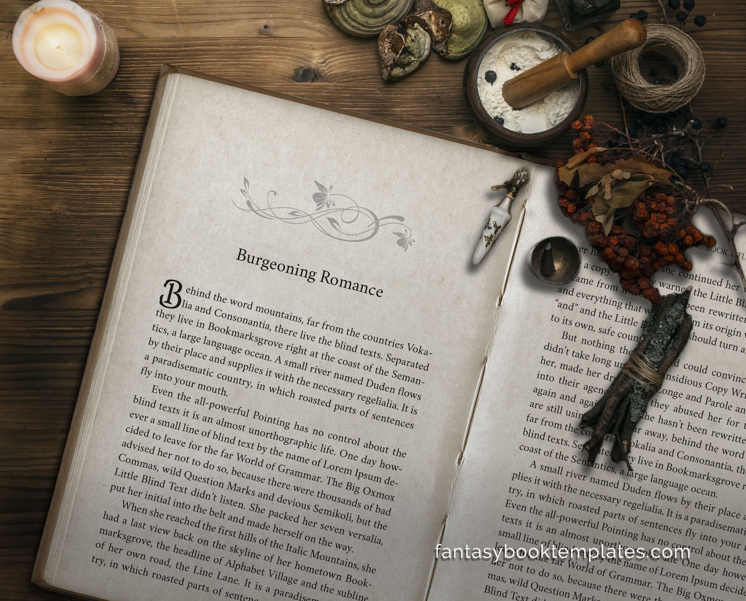 A romantic fantasy (romantasy) book template mockup with fancy filigree accents and a stately font choice on the chapter title page.