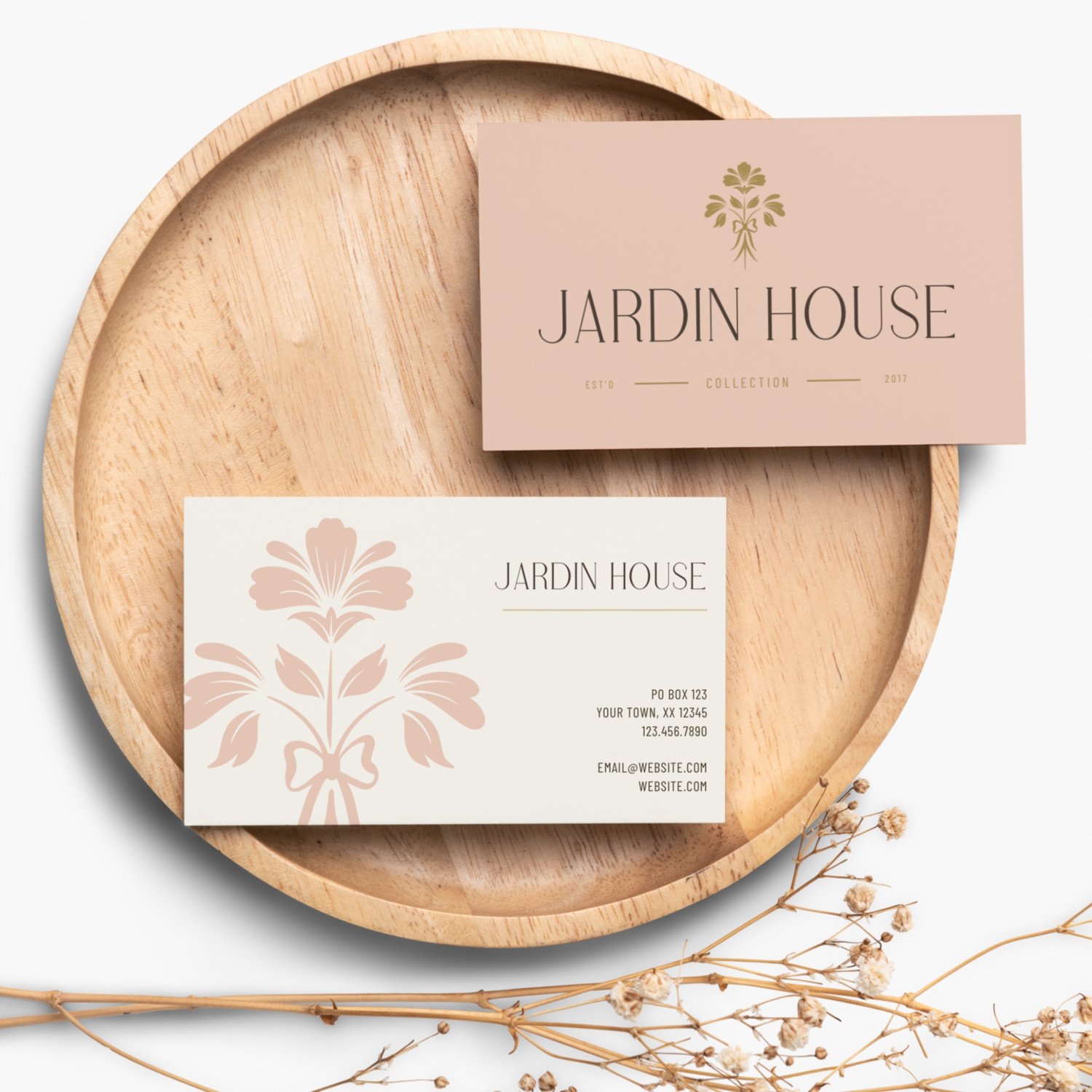Jardin House logo design featuring a hand drawn floral bouquet tied together with a lovely bow