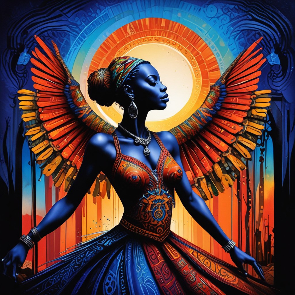 #justArlene A regal Black woman with deep blue skin stands poised with radiant wings of fiery red and orange feathers, evoking a goddess or celestial being. She wears a vibrant, intricately patterned dress and an African-inspired headwrap, set against a surreal backdrop of sacred geometry and a glowing sun halo. The artwork symbolizes divine feminine energy, transformation, and ancestral power.