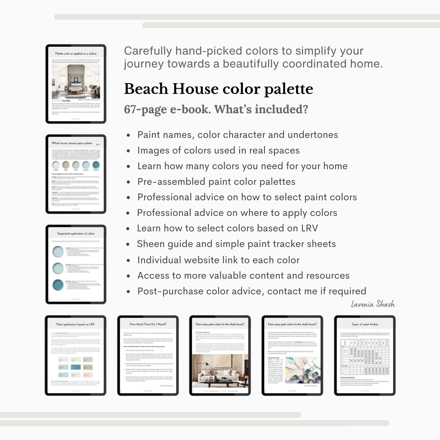 A Beach House color palette with Sherwin Williams paint colors. Color scheme includes coordinating and complementary neutral shades of white, beige, blues and greens for farmhouse, beach house. Curated by Lavenia Shash.