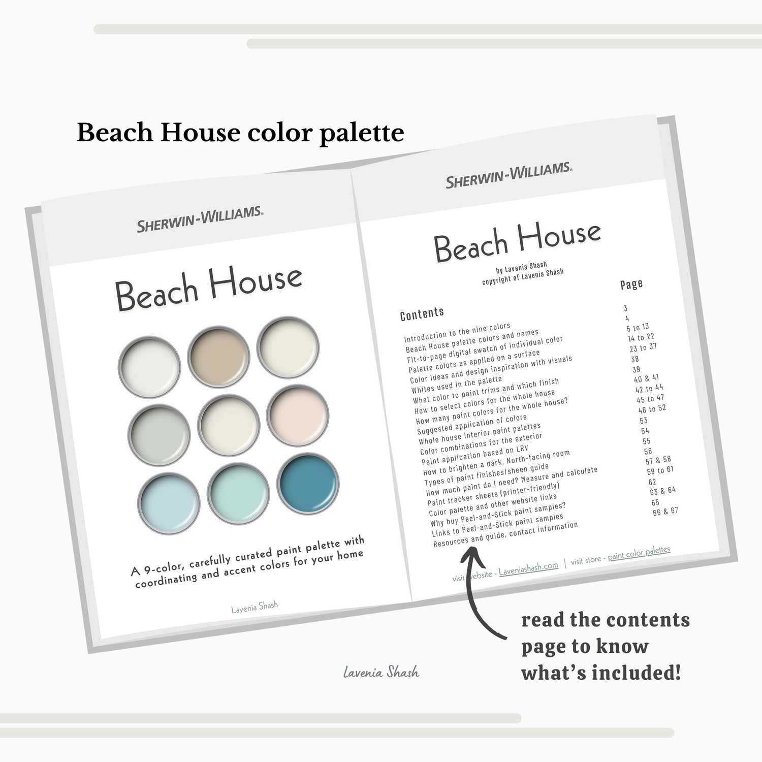 A Beach House color palette with Sherwin Williams paint colors. Color scheme includes coordinating and complementary neutral shades of white, beige, blues and greens for farmhouse, beach house. Curated by Lavenia Shash.