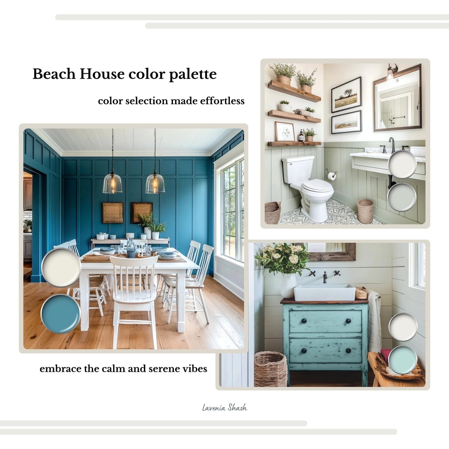A Beach House color palette with Sherwin Williams paint colors. Color scheme includes coordinating and complementary neutral shades of white, beige, blues and greens for farmhouse, beach house. Curated by Lavenia Shash.