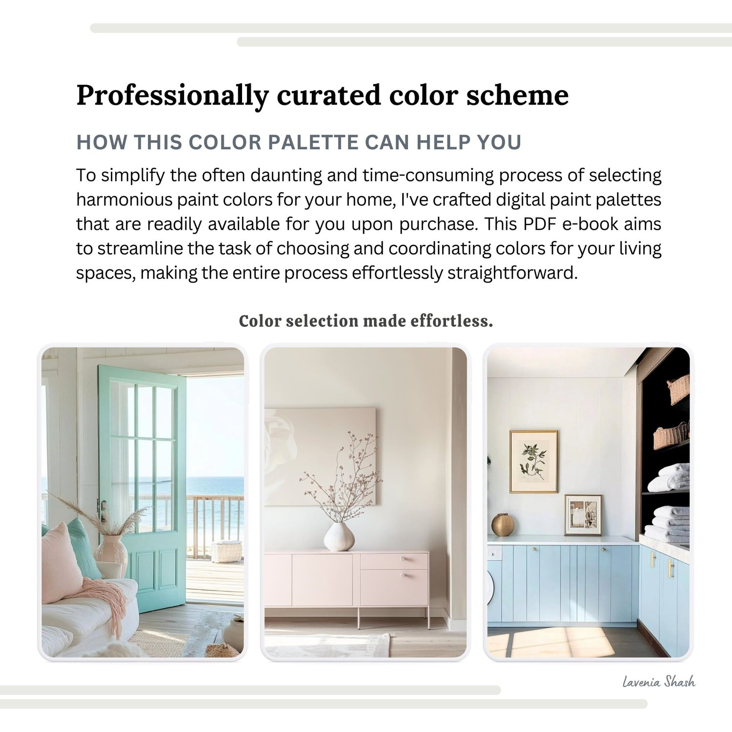 A Beach House color palette with Sherwin Williams paint colors. Color scheme includes coordinating and complementary neutral shades of white, beige, blues and greens for farmhouse, beach house. Curated by Lavenia Shash.