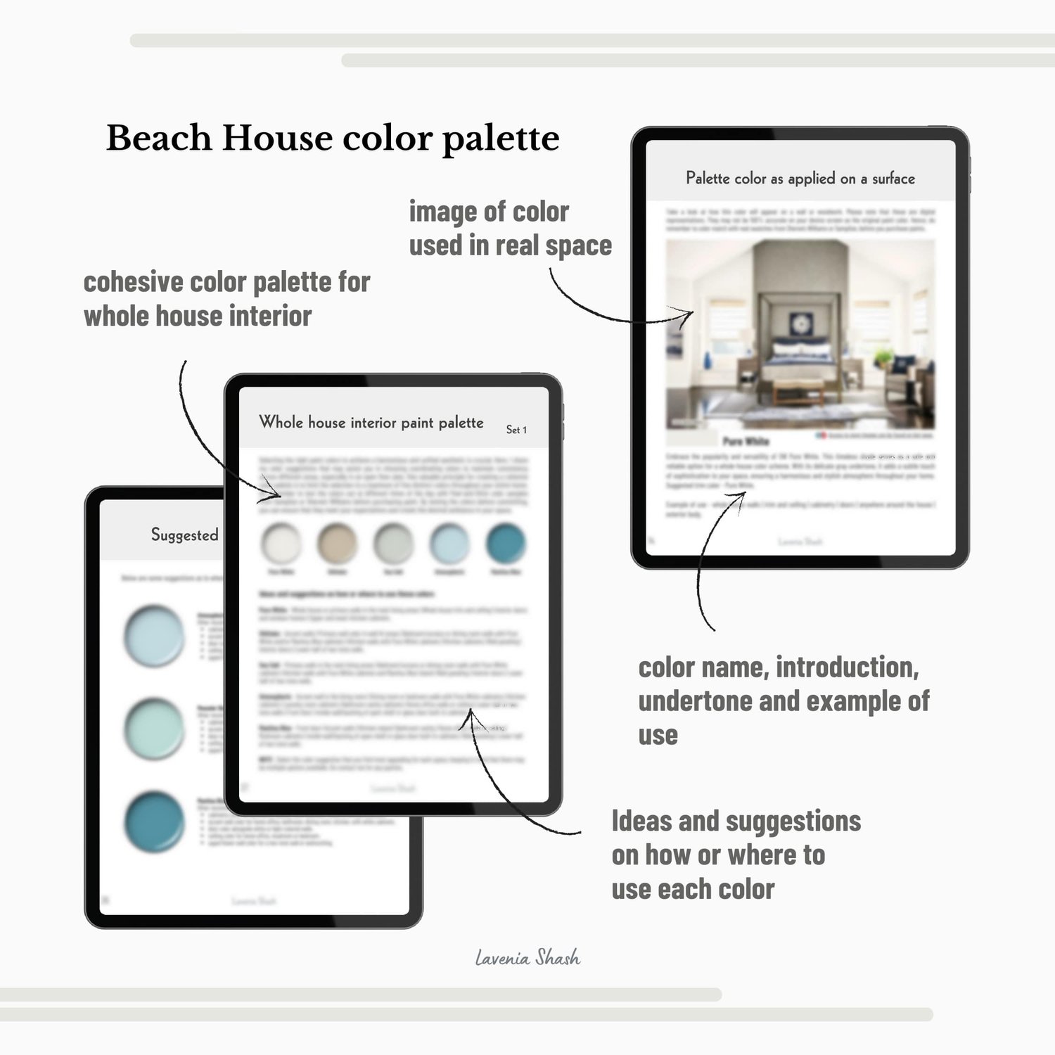 A Beach House color palette with Sherwin Williams paint colors. Color scheme includes coordinating and complementary neutral shades of white, beige, blues and greens for farmhouse, beach house. Curated by Lavenia Shash.