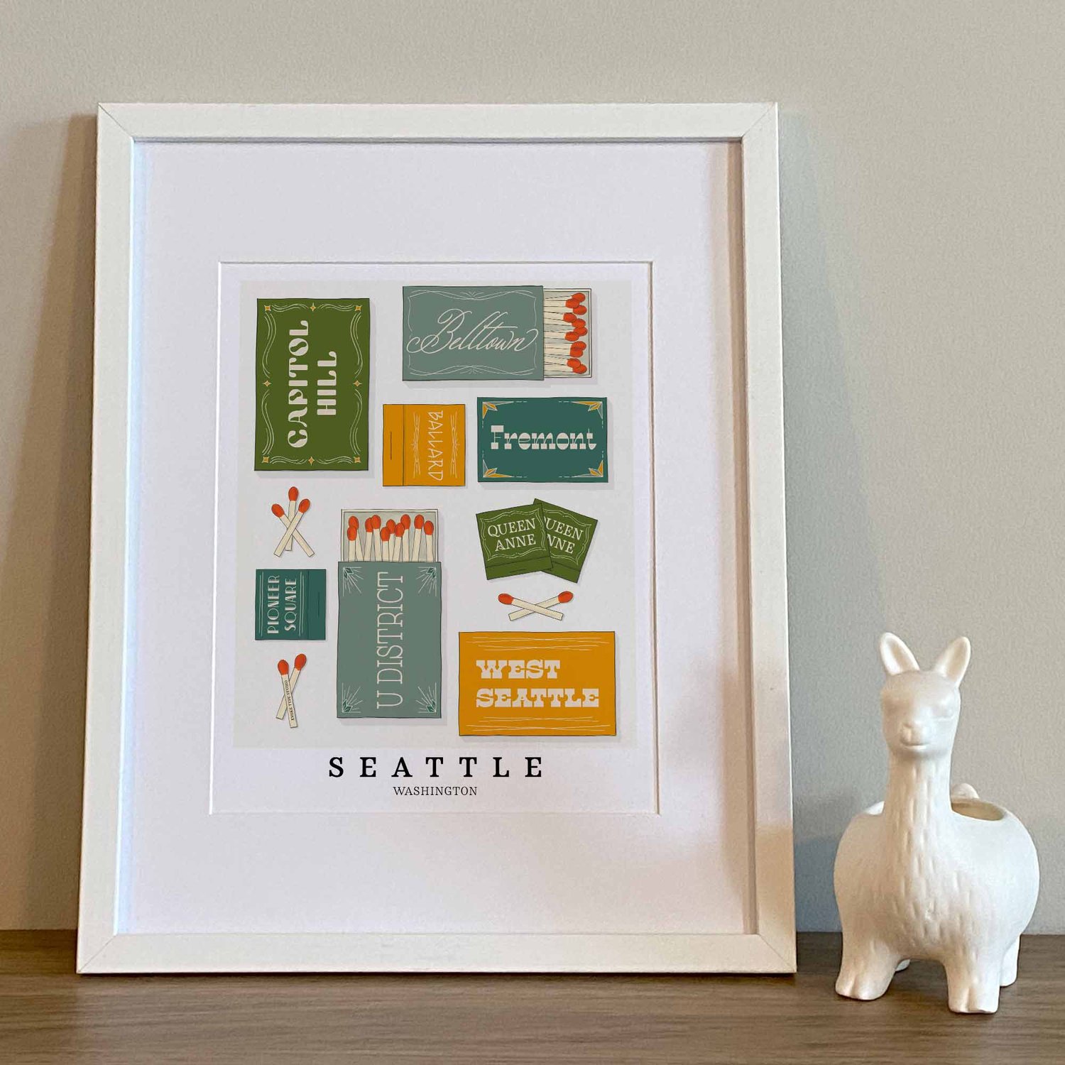 Seattle neighborhood matchbox art print with playful hand-lettered typography in the Nature Walk color palette
