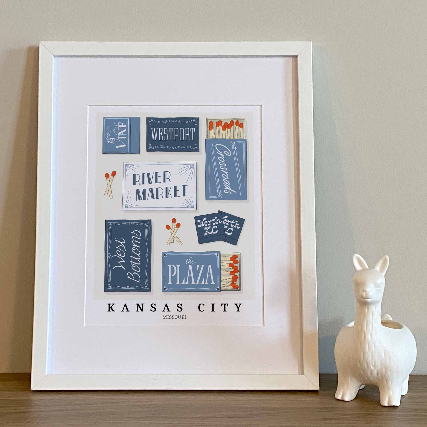 Kansas City neighborhood matchbox art print with soothing hand-lettered typography in the Blue Skies color palette
