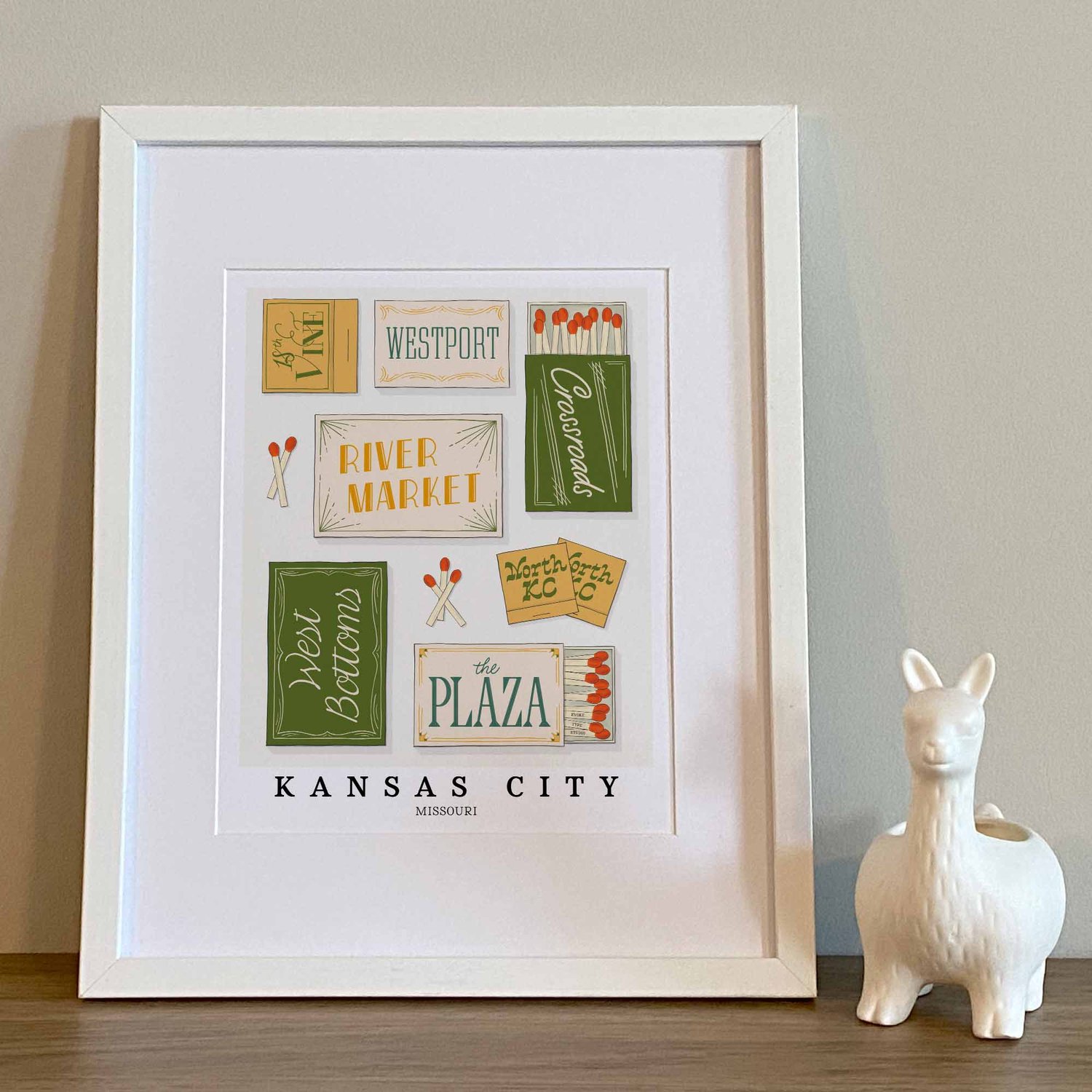 Kansas City neighborhood matchbox art print with playful hand-lettered typography in the Nature Walk color palette