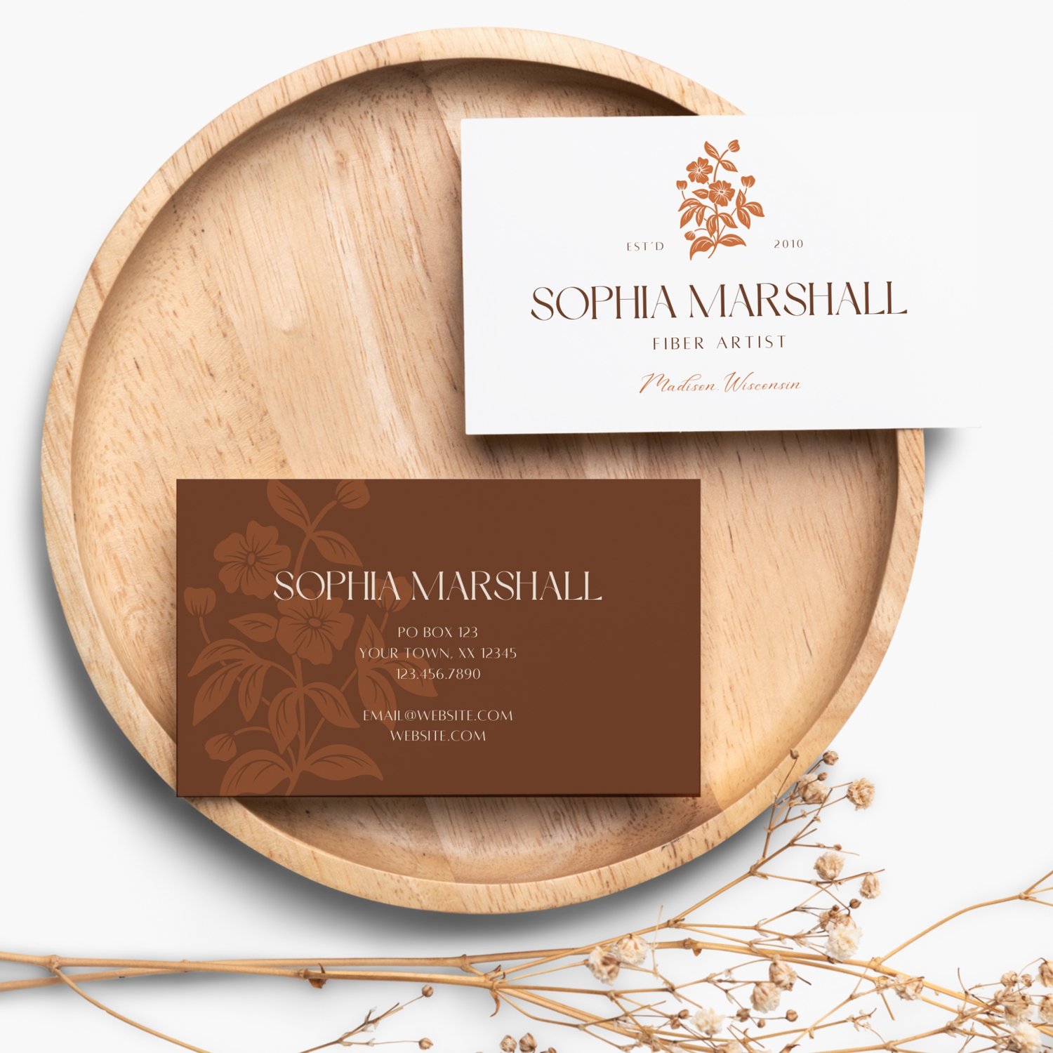Logo design featuring hand drawn illustration of wildflowers in a scalloped frame that says Sophia Marshall Fiber Artist