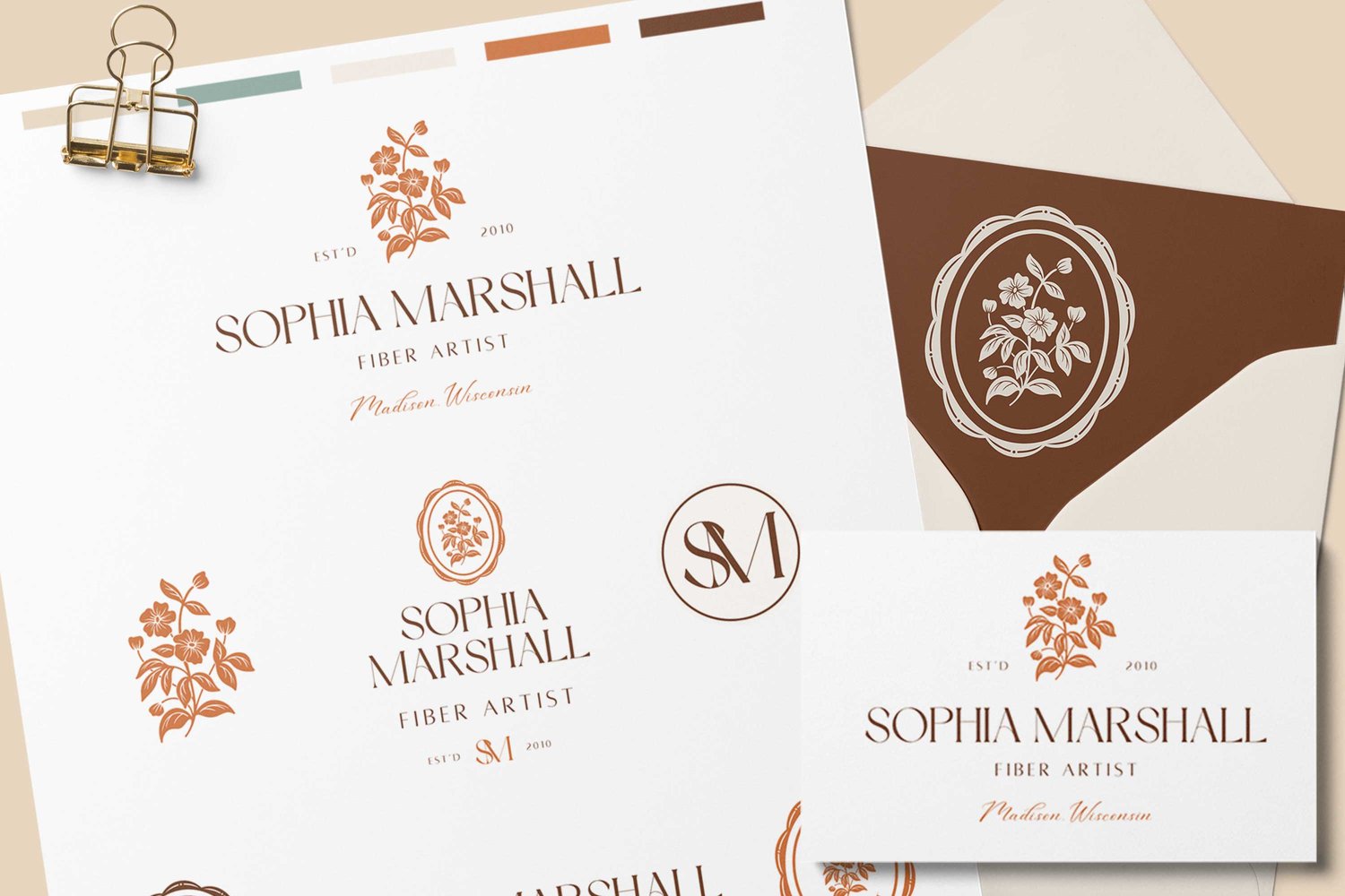 Logo design featuring hand drawn illustration of wildflowers in a scalloped frame that says Sophia Marshall Fiber Artist