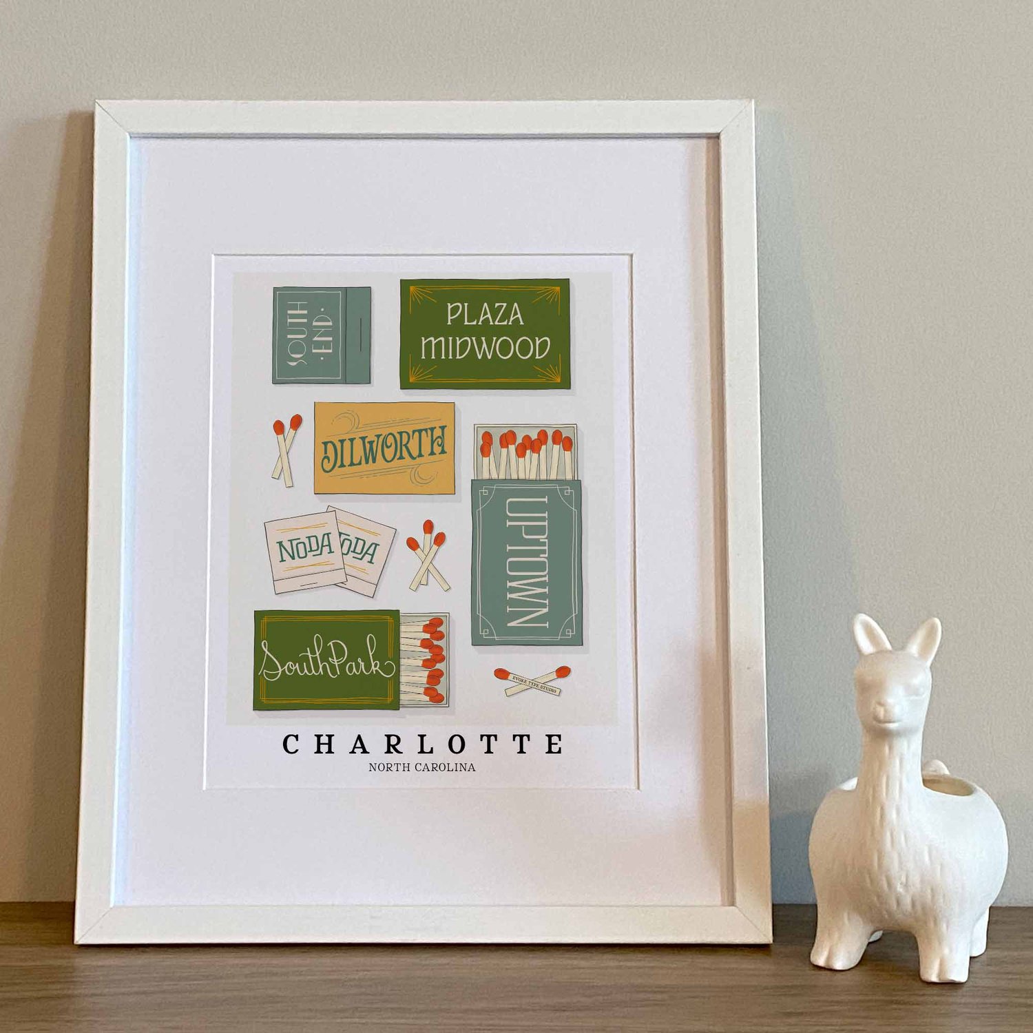 Charlotte neighborhood matchbox art print with playful hand-lettered typography in the Nature Walk color palette