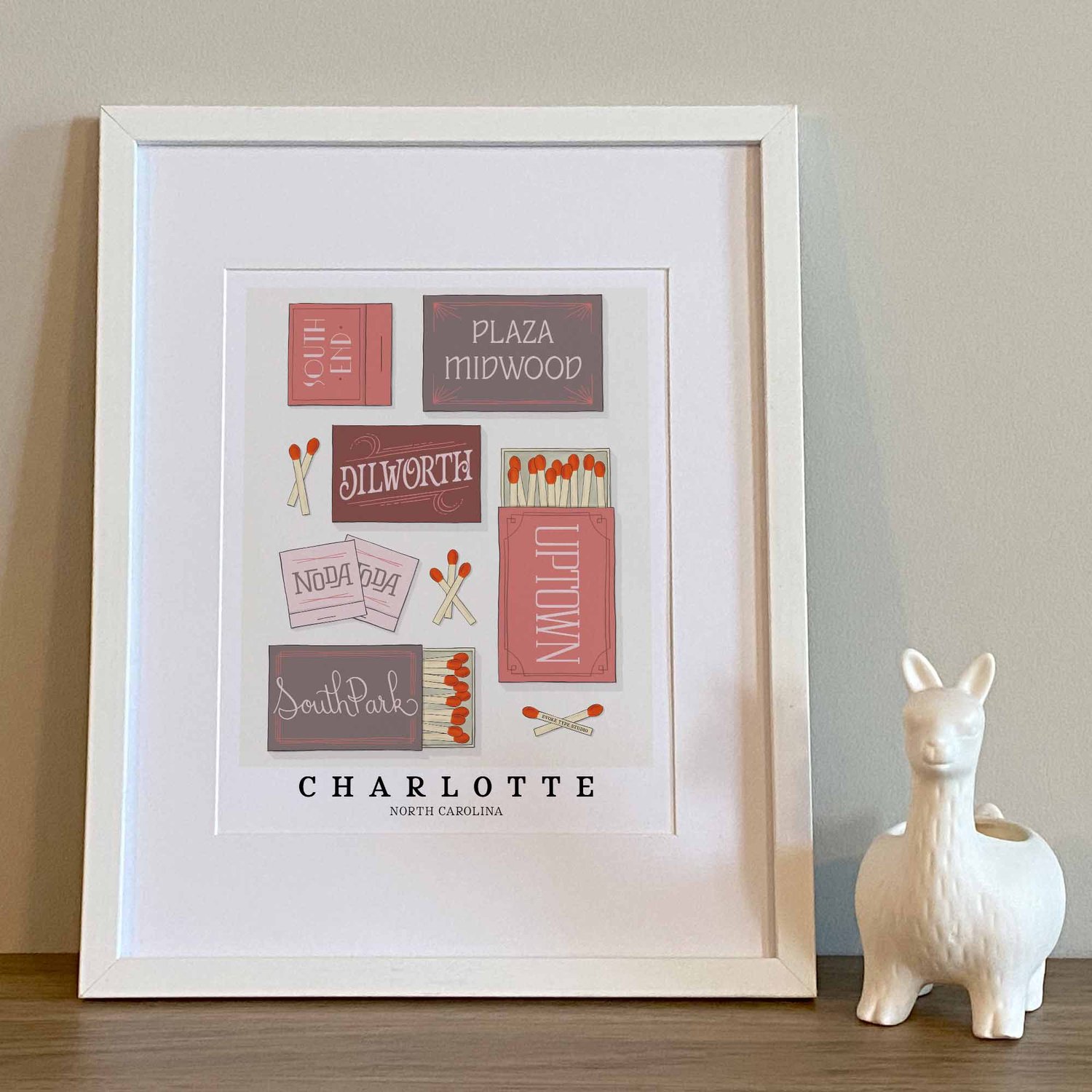 Charlotte neighborhood matchbox art print with elegant hand-lettered typography in the Dusty Rose color palette