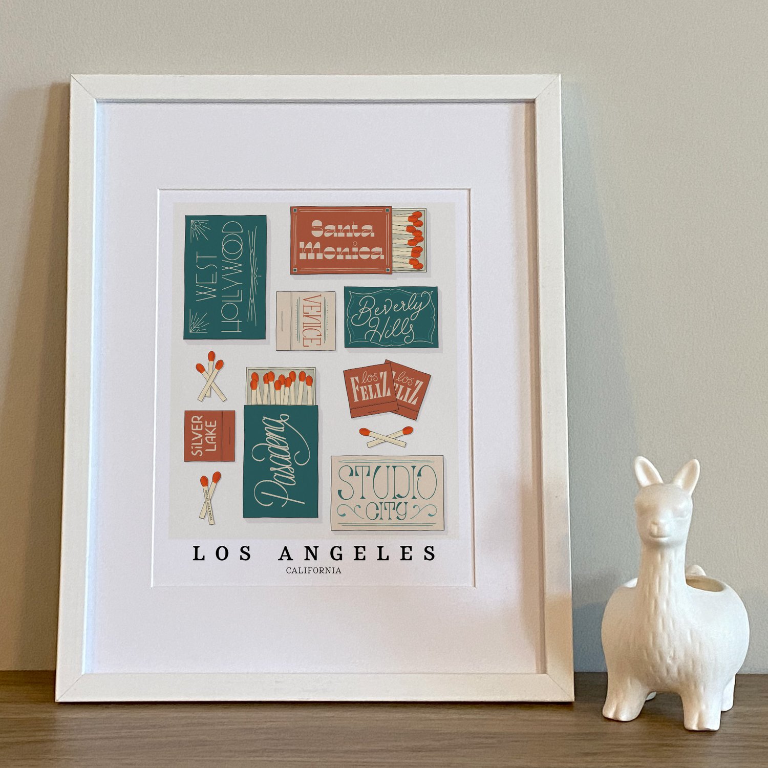 Los Angeles neighborhood matchbox art print with warm, hand-lettered typography in the Vintage Vibes color palette