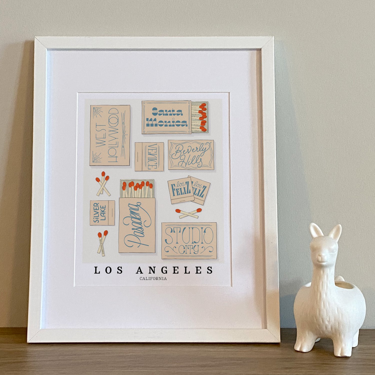 Los Angeles neighborhood matchbox art print with hand-lettered typography in the Sand & Sea color palette