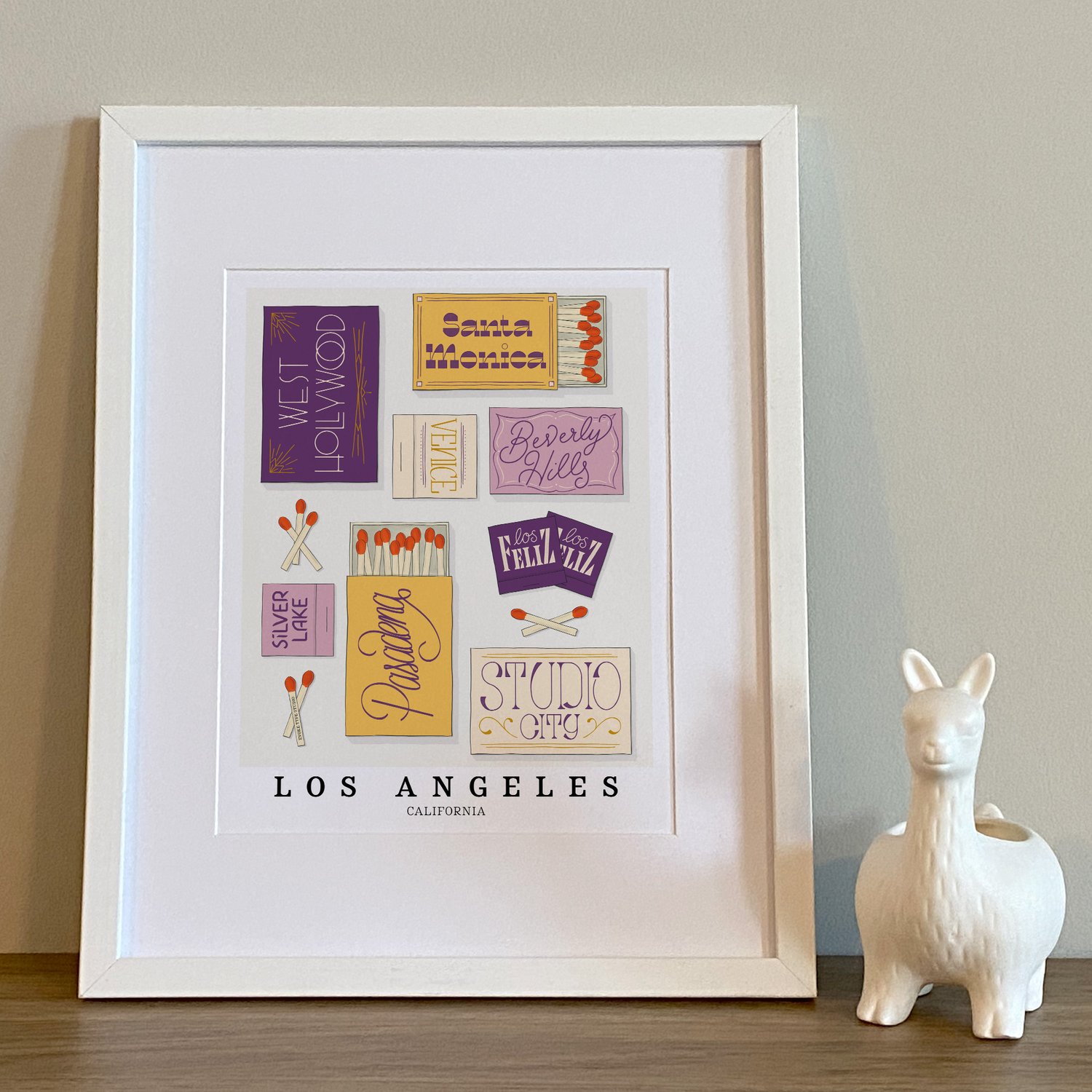 Los Angeles neighborhood matchbox art print with playful hand-lettered typography in the Purple Haze color palette
