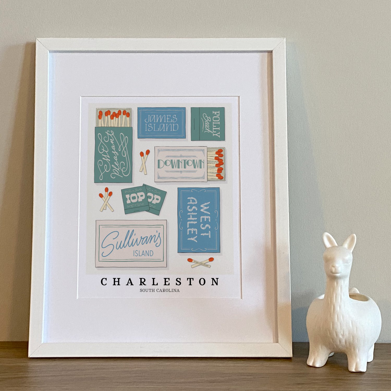 Charleston neighborhood matchbox art print with custom lettering and a relaxed coastal Beachside color palette
