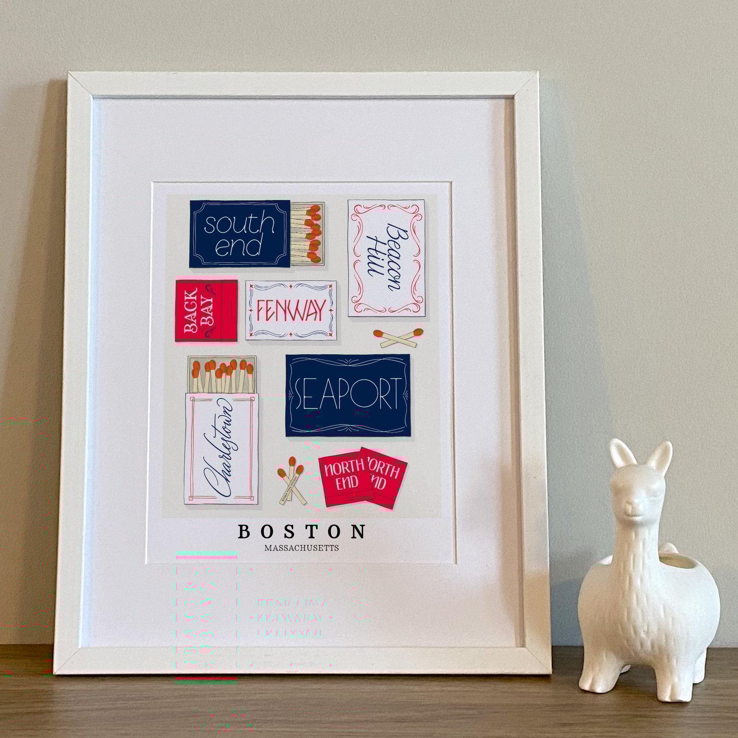 Patriotic-themed Boston art print with hand-lettered neighborhood matchboxes in vibrant red, white, and blue.