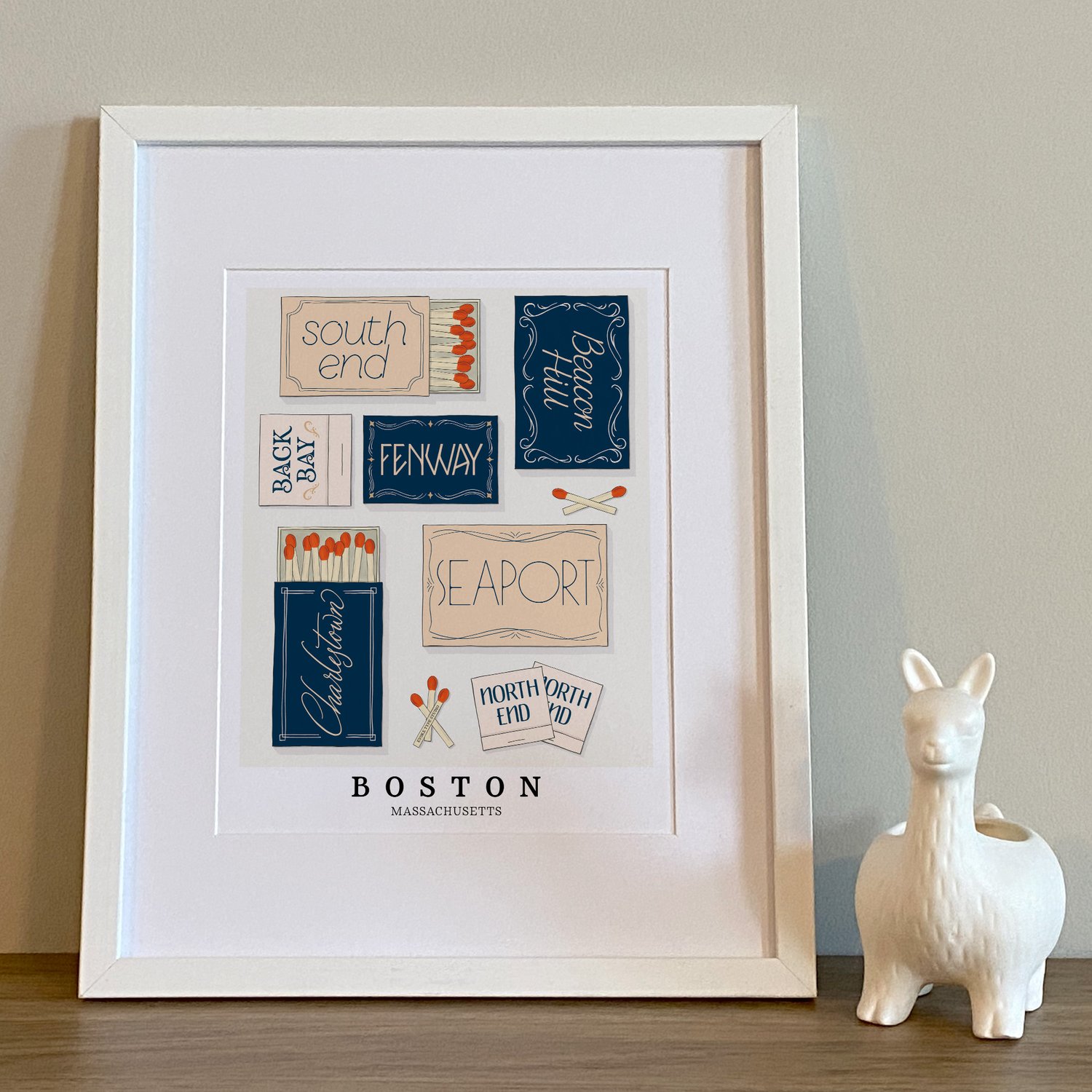 Hand-drawn Boston neighborhood matchbox art print in a Nautical blue and tan palette.