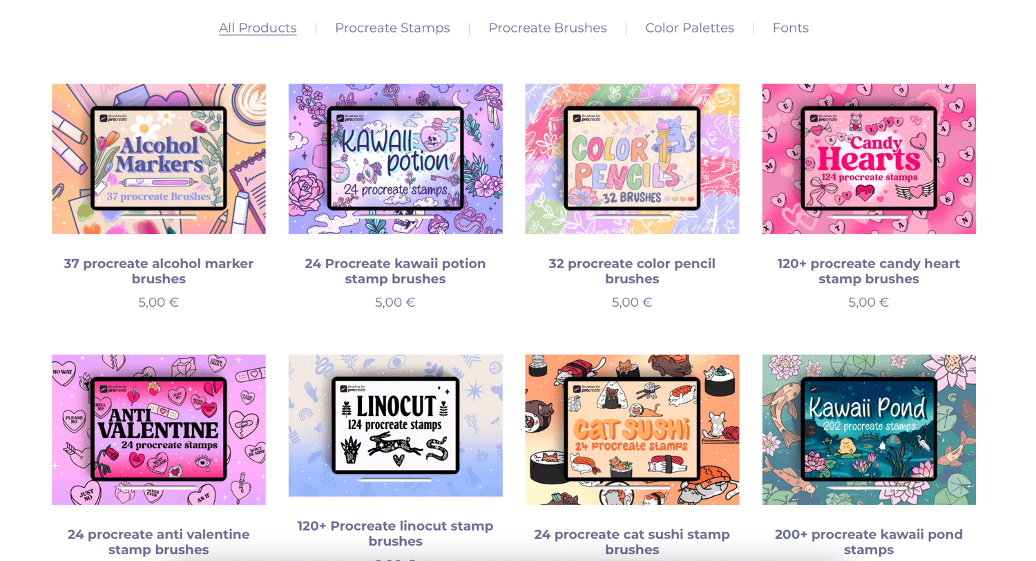 Picture preview storefront of the shop with some procreate stamp sets and brush sets for sale.