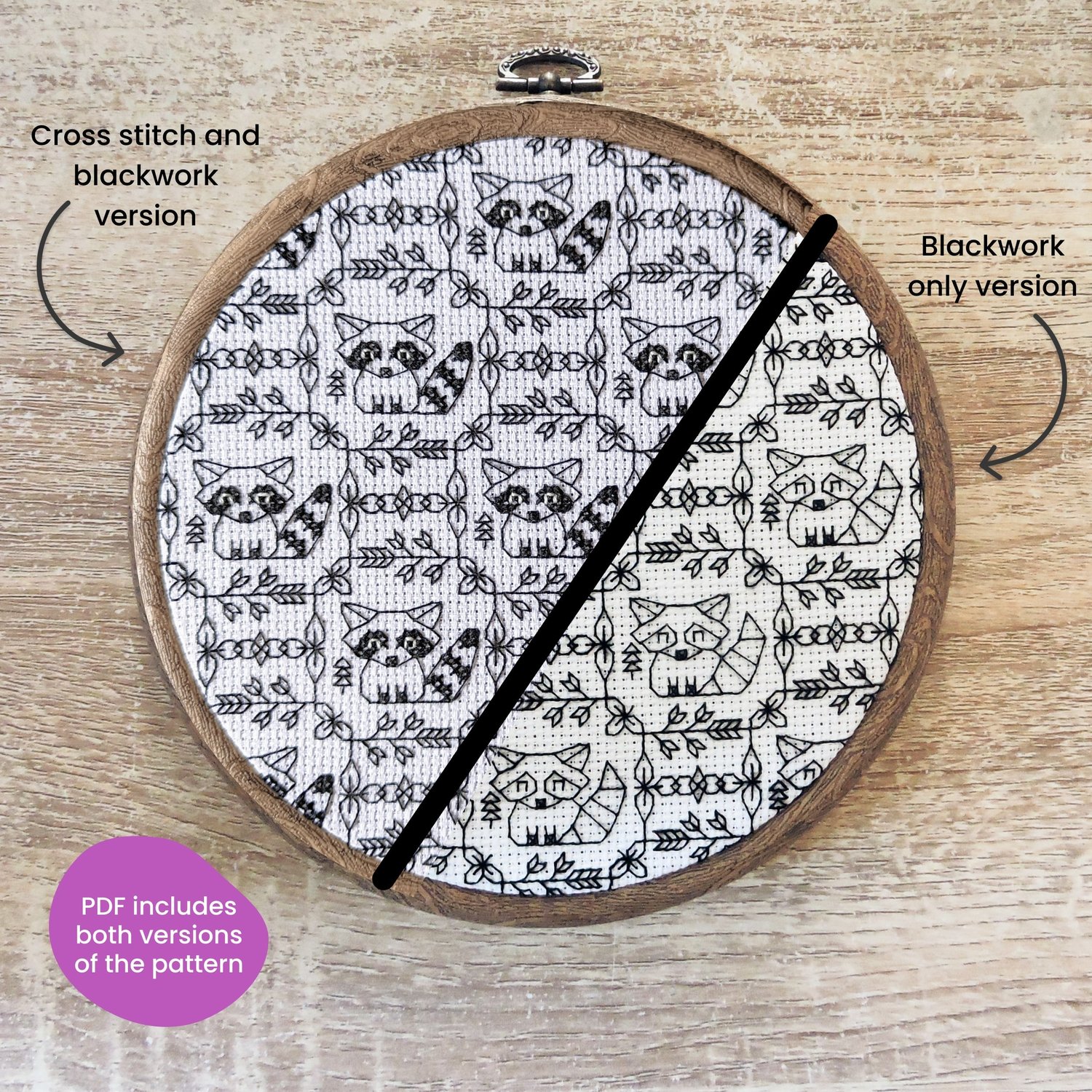 Cross Stitch Pattern Razorback Raccoon blackwork and cross stitch pattern