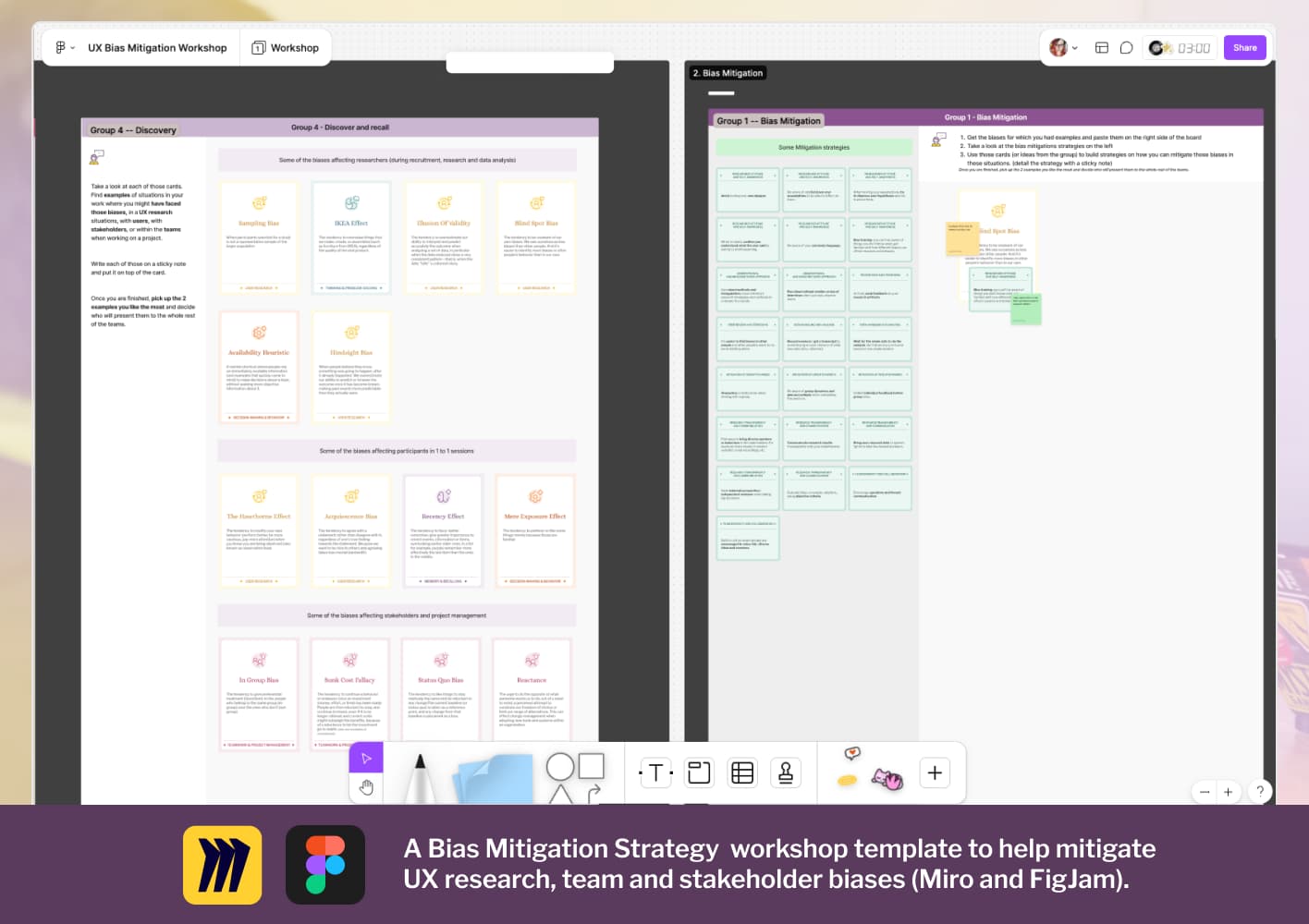 A Bias Mitigation Strategy  workshop template to help mitigate UX research, team and stakeholder biases (Miro and FigJam).